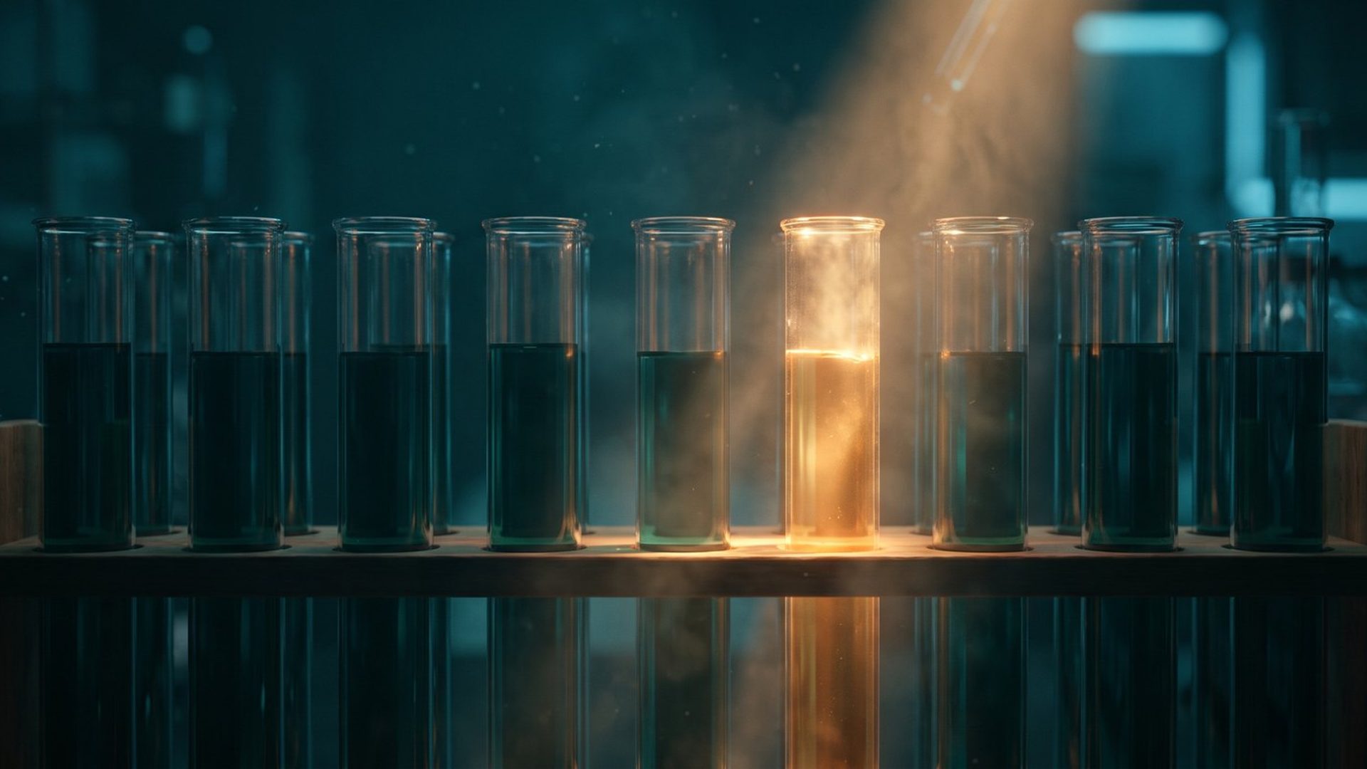 A row of laboratory test tubes in a dark lab, one glowing warm amber from within - the winning ad that reveals itself only after you test many.