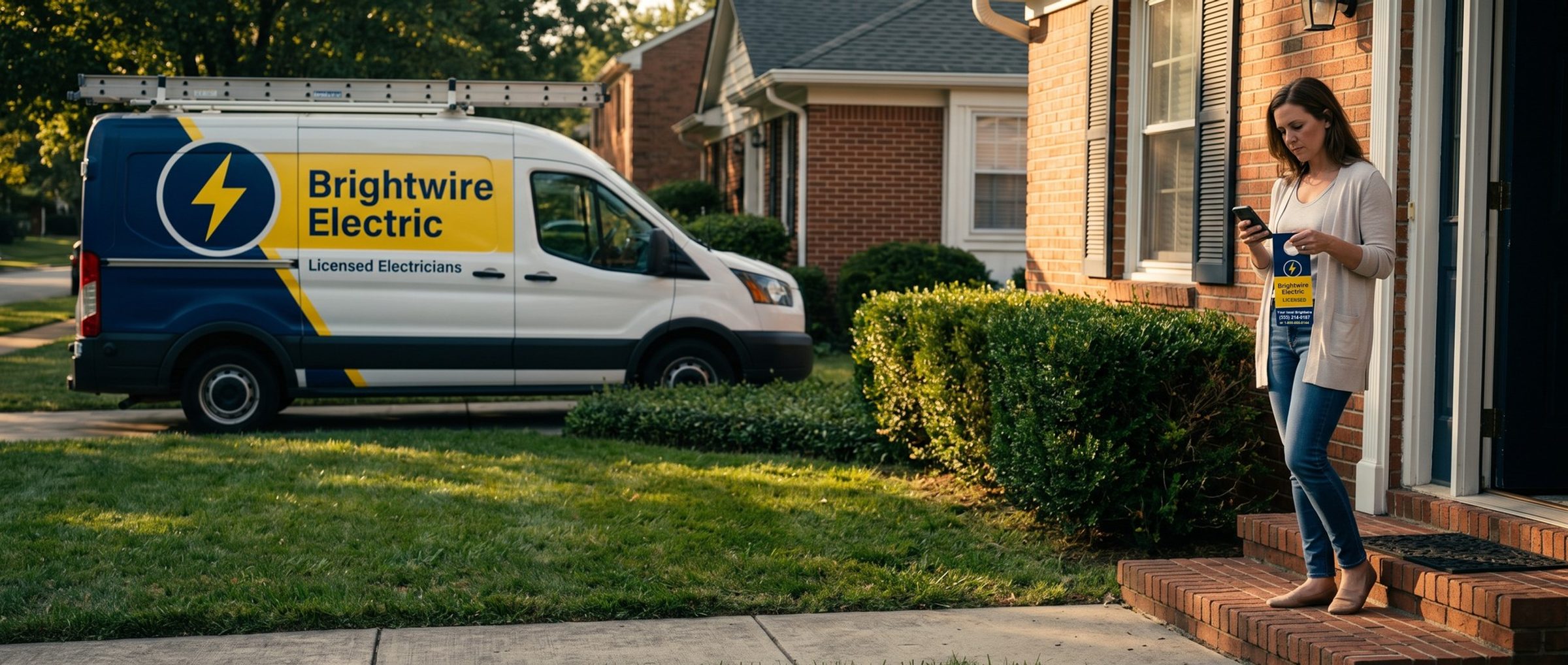 A woman on her front step compares two phone numbers on a Brightwire Electric door hanger, the company's wrapped van parked at the curb behind her