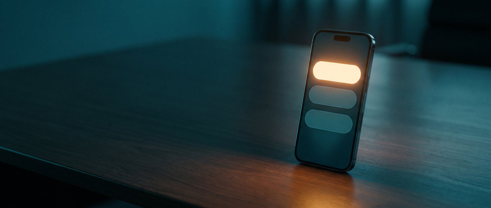 A phone on a dark table showing a stack of ranked result cards with the top one lit