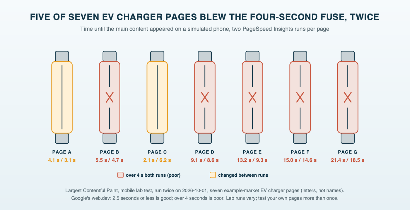 A row of seven cartridge fuses, one for each example EV charger page, colored by mobile load time across two test runs: five blown at over four seconds both times, two that varied between runs