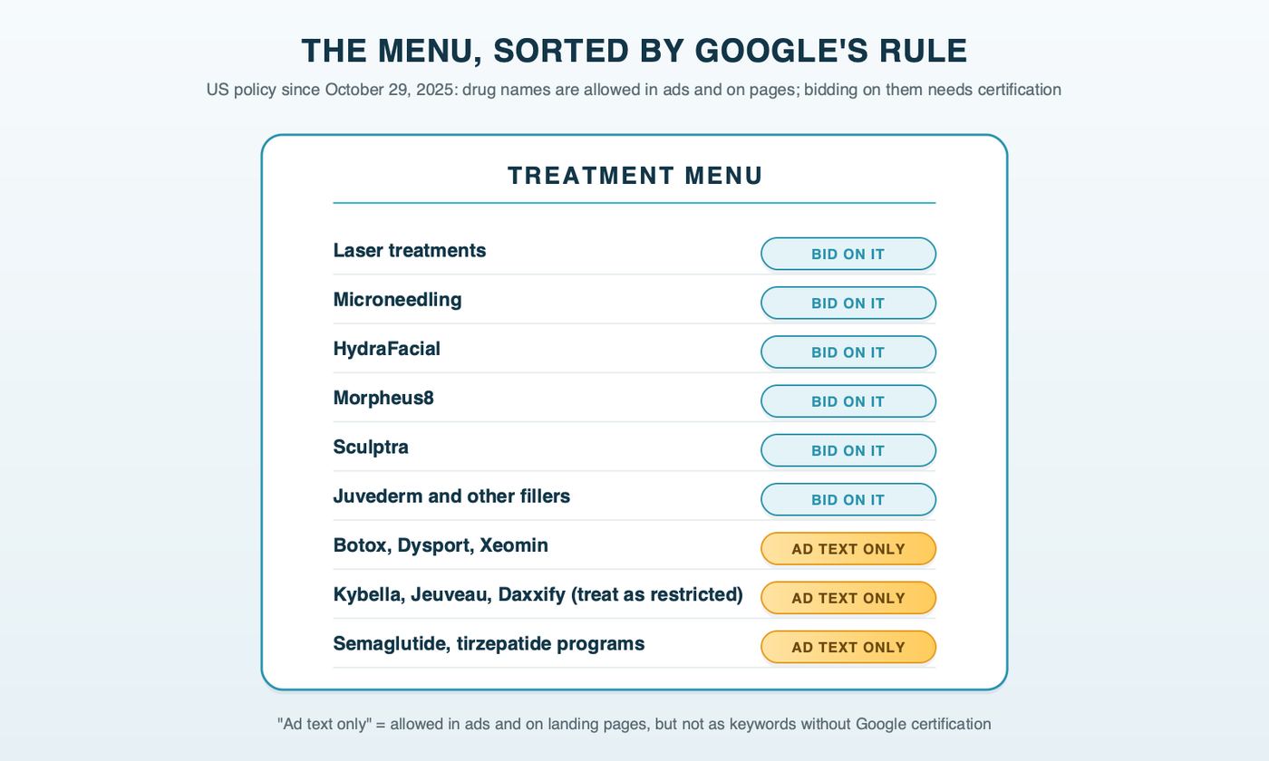 A med spa treatment menu sorted by Google's rule: fillers, lasers, devices and facials marked "bid on it," and Botox, Dysport, Xeomin, semaglutide and tirzepatide marked "ad text only"