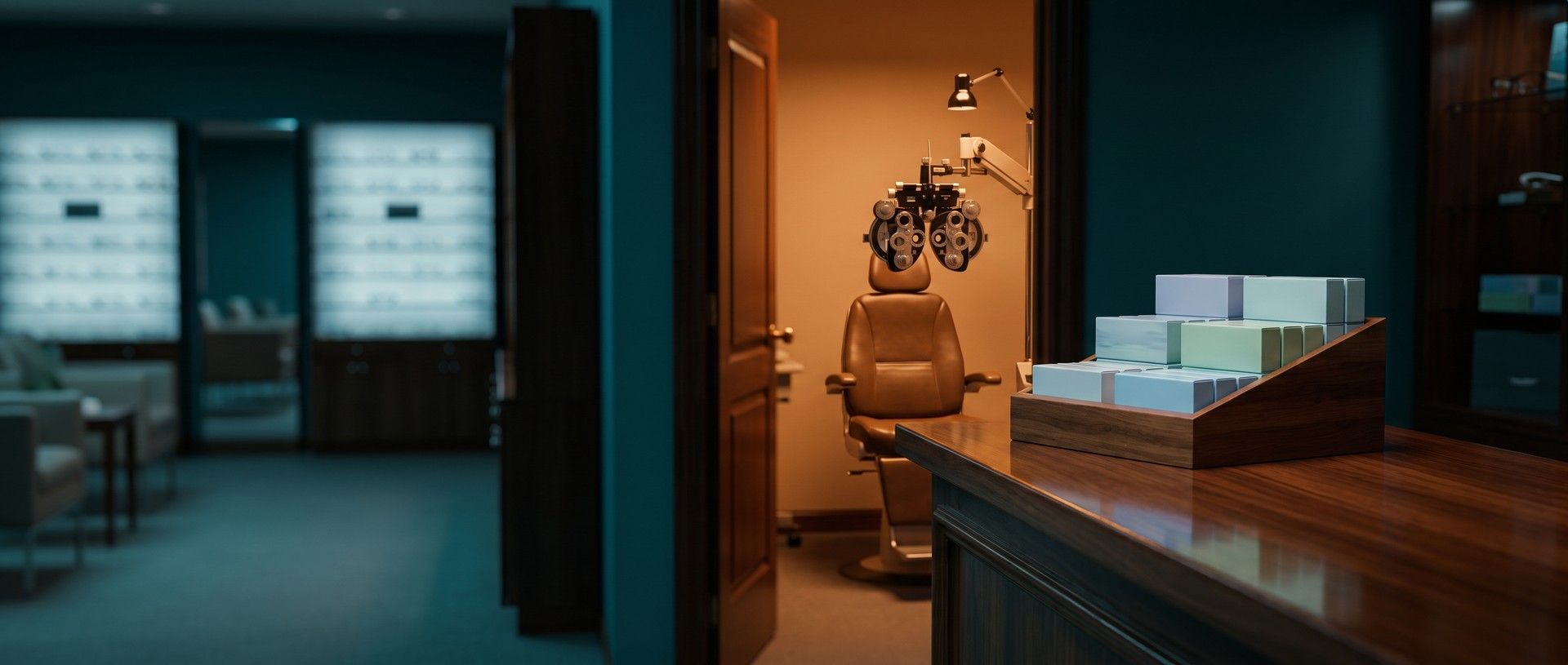 A dim optometry office at the end of the day: a tray of contact lens boxes waits for pickup on the front counter while an open door shows an amber-lit eye exam room with the phoropter ready and the chair empty