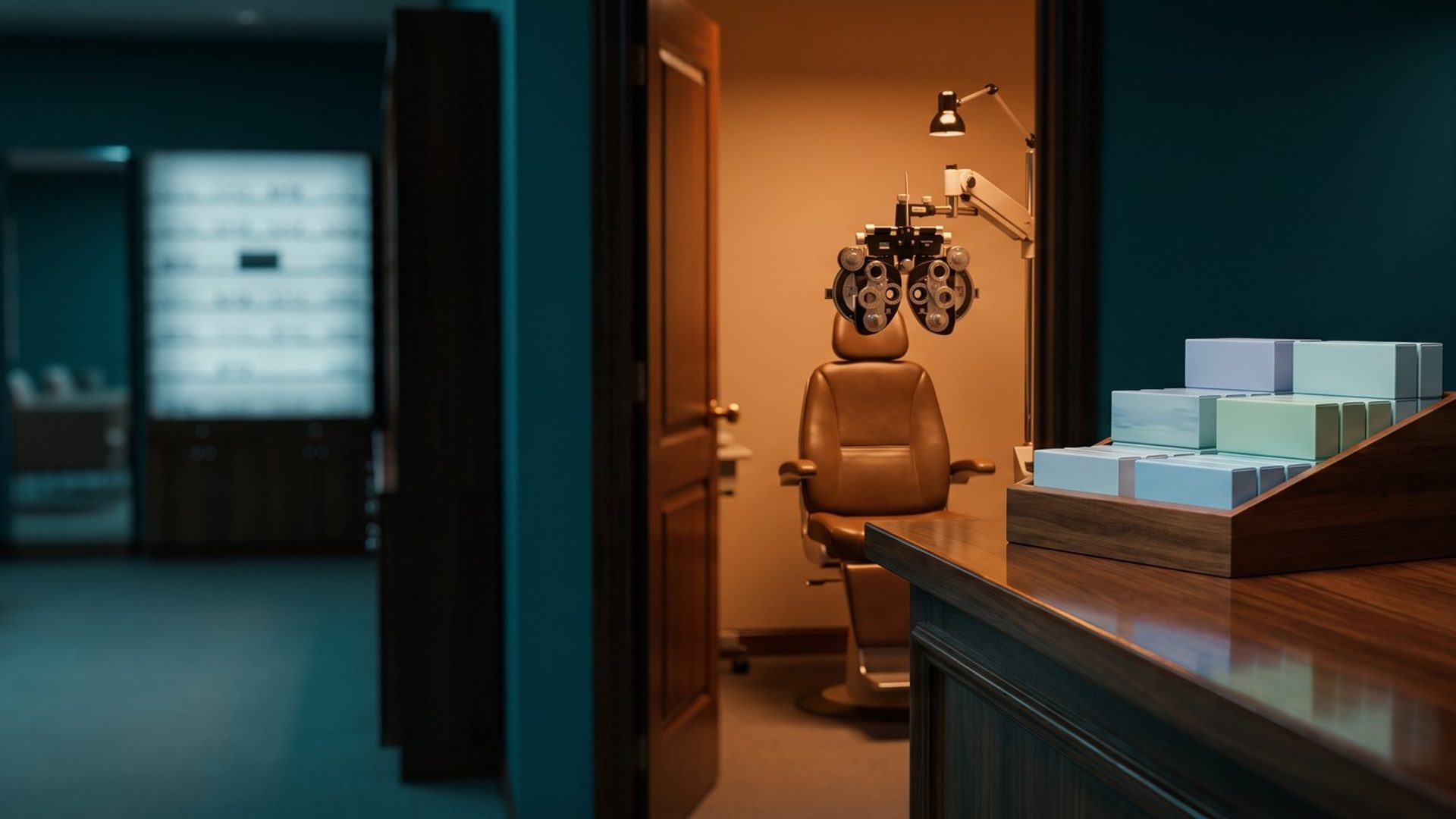 A dim optometry office at the end of the day: a tray of contact lens boxes waits for pickup on the front counter while an open door shows an amber-lit eye exam room with the phoropter ready and the chair empty