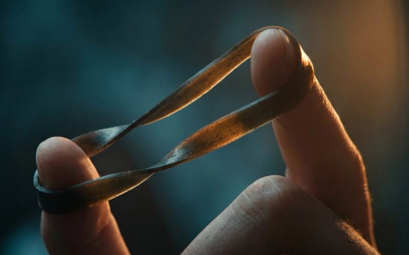 A rubber band stretched and twisted between two fingers in warm light against a dark teal background