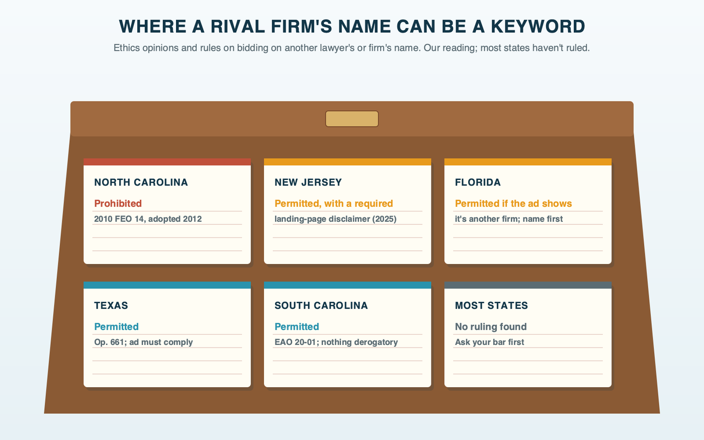 A card-catalog drawer of state cards on bidding on a rival firm's name as a keyword: North Carolina, prohibited; New Jersey, permitted with a required landing-page disclaimer; Florida, permitted only if the ad shows it is another firm, name first; Texas and South Carolina, permitted; most states, no ruling found.