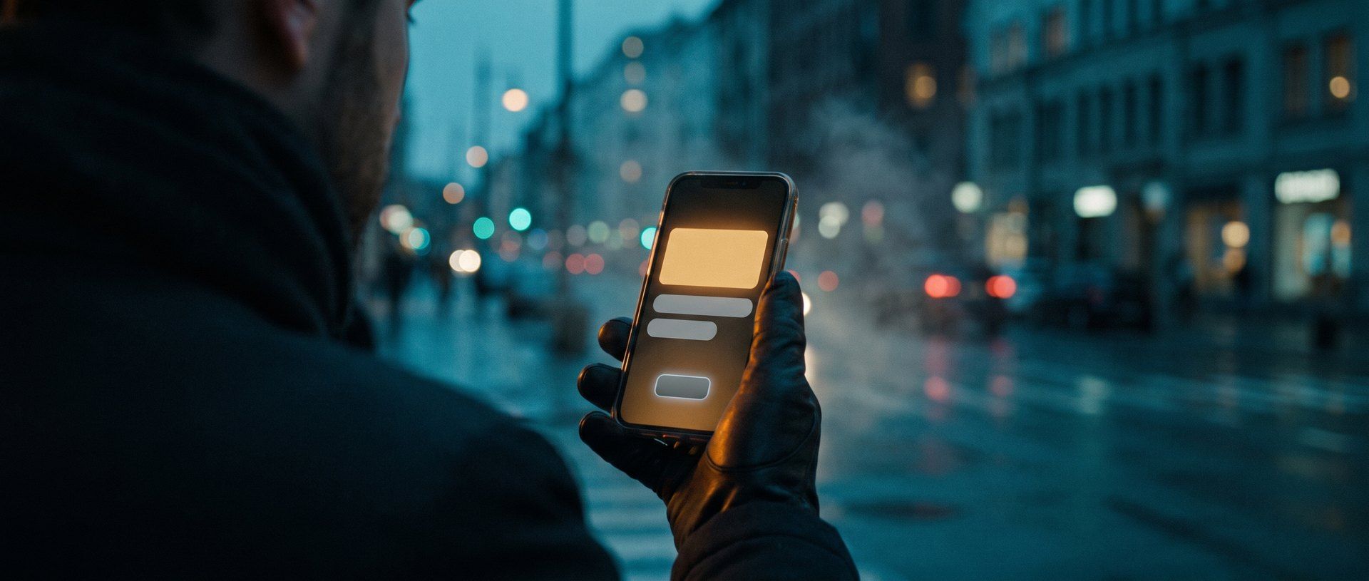A hand holding a phone on a city street at dusk, a social feed ad glowing on the small screen