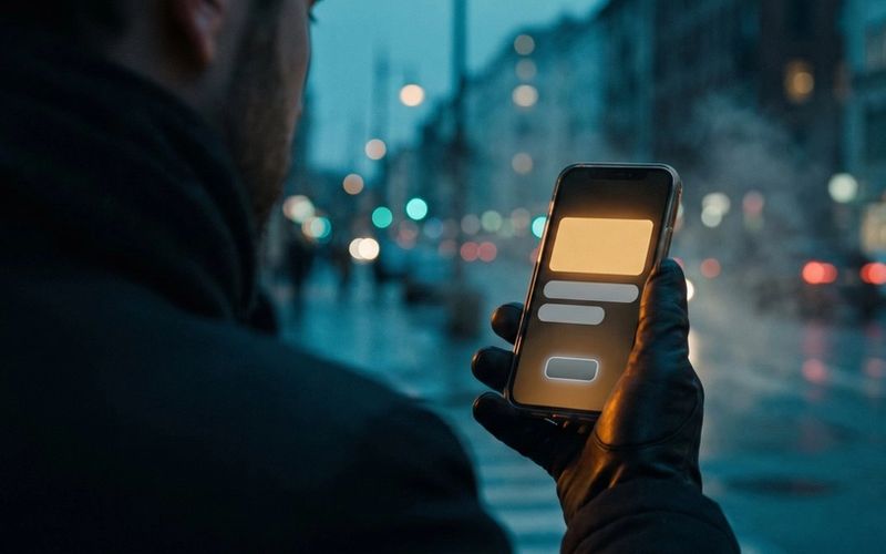 A hand holding a phone on a city street at dusk, a social feed ad glowing on the small screen
