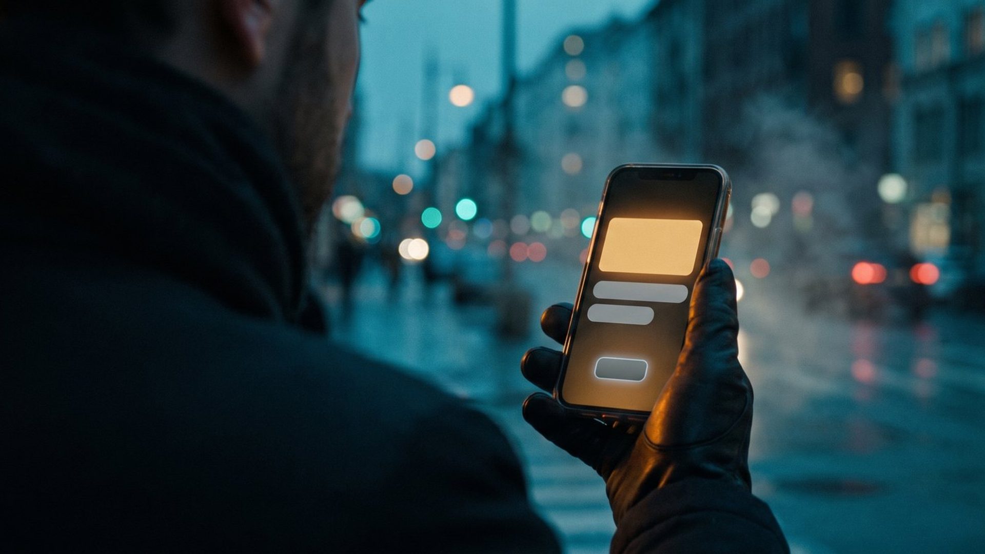 A hand holding a phone on a city street at dusk, a social feed ad glowing on the small screen