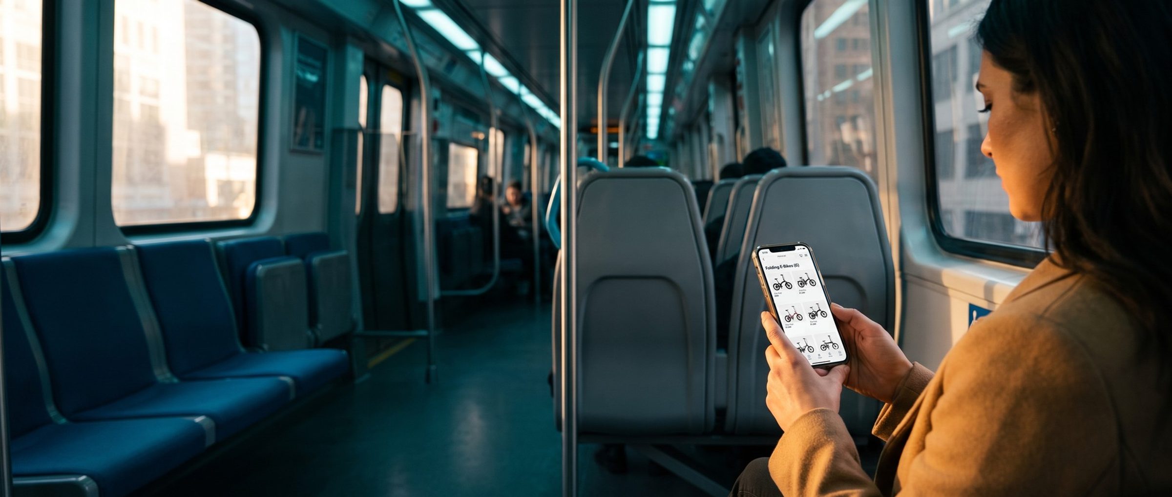 Over a commuter's shoulder on a morning train, her phone shows an online store's Folding E-Bikes category page with six folding bikes and their prices