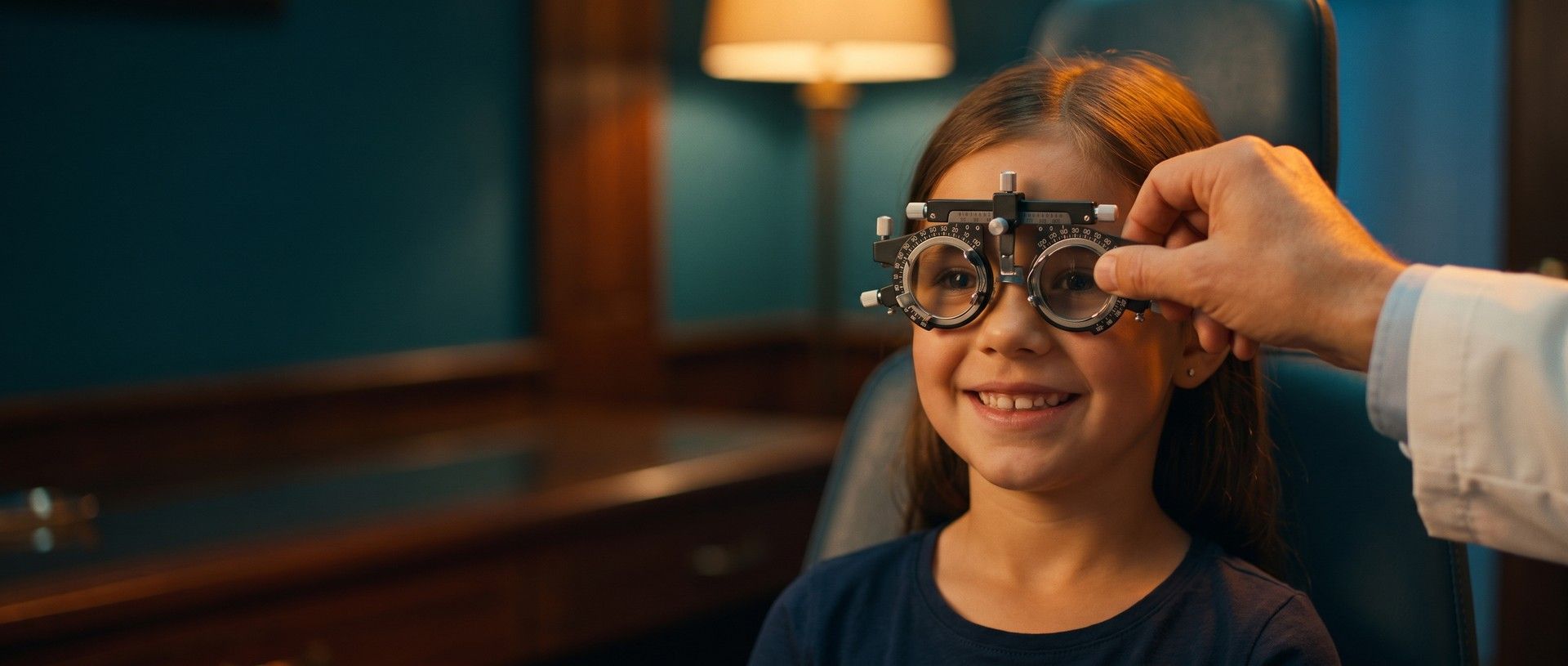 A smiling girl of about seven in an eye exam chair wears a metal trial frame while an optometrist's hand adjusts one of the lenses