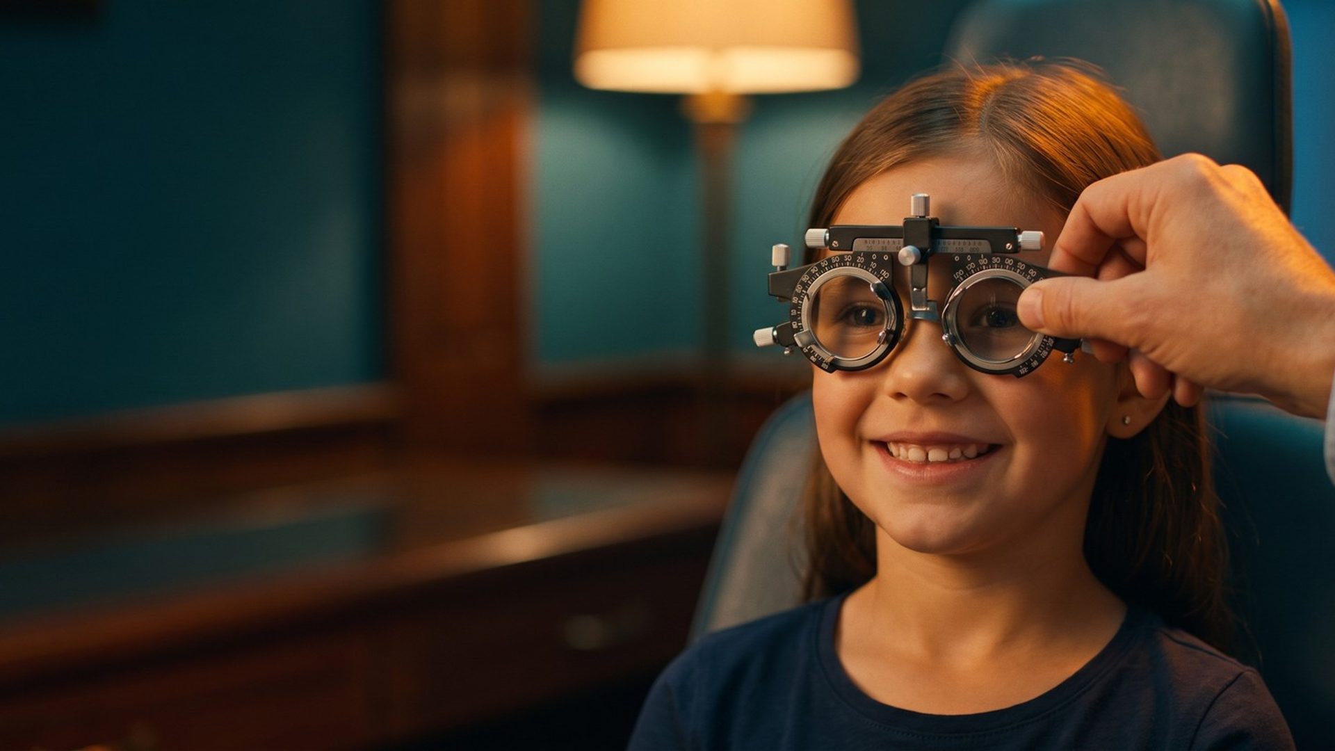 A smiling girl of about seven in an eye exam chair wears a metal trial frame while an optometrist's hand adjusts one of the lenses