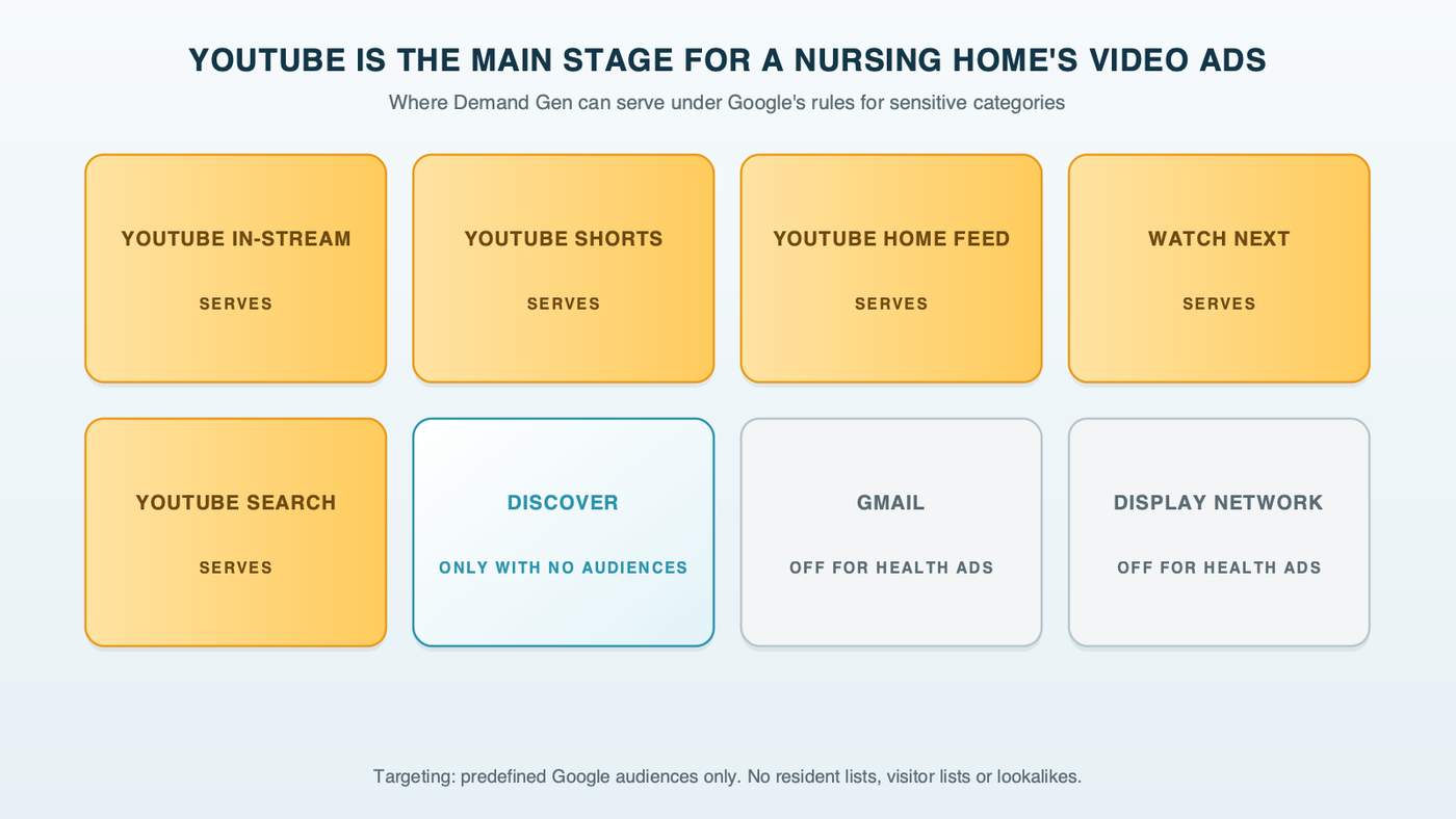 A grid of where a nursing home's Demand Gen ads can run under Google's health rules: YouTube lit, including in-stream, Shorts, the home feed, Watch Next and YouTube search; Discover marked conditional, only without audience targeting; Gmail and the Display Network switched off