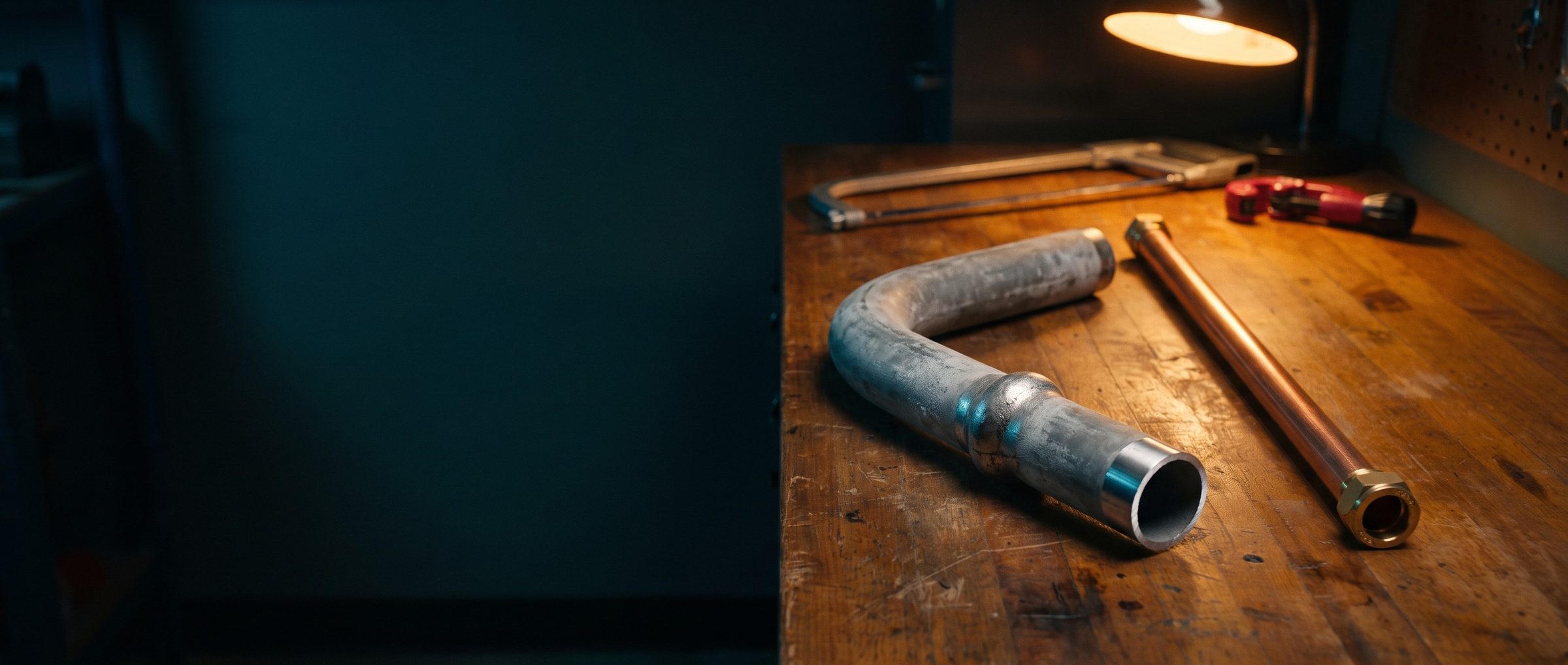 A removed section of old gray lead water pipe with a gooseneck bend and a bulging wiped joint lying beside a straight new length of copper pipe with a brass fitting on a scarred wooden workbench under a shop lamp, a hacksaw and tubing cutter behind