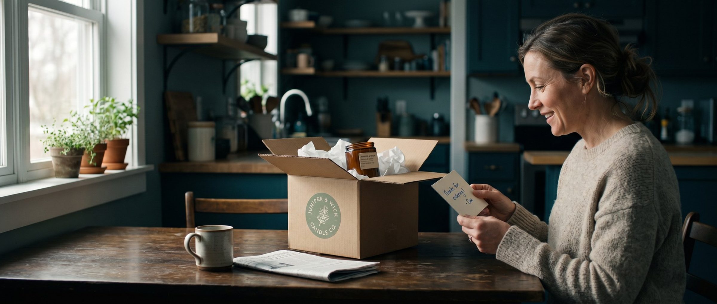 A woman at her kitchen table smiles at a handwritten thank-you card from the owner, next to an opened Juniper & Wick Candle Co. box with a candle in tissue paper