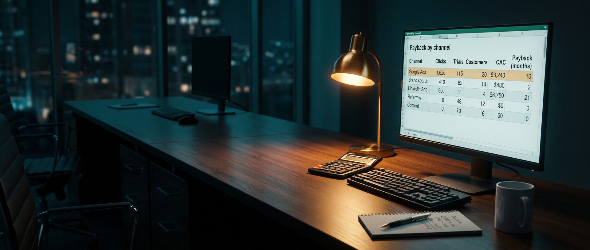 A desk at night under a brass lamp with a monitor showing a payback by channel spreadsheet, the Google Ads row highlighted at $3,240 per customer and 10 months to pay back, beside a calculator, a notepad and a mug