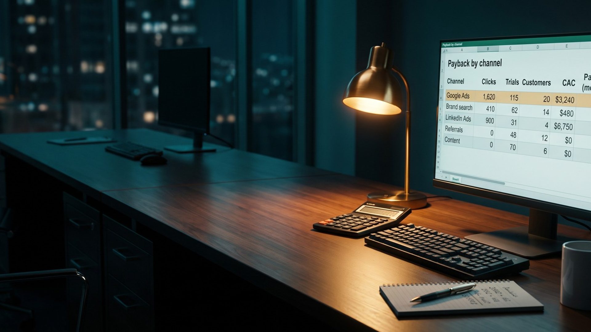 A desk at night under a brass lamp with a monitor showing a payback by channel spreadsheet, the Google Ads row highlighted at $3,240 per customer and 10 months to pay back, beside a calculator, a notepad and a mug