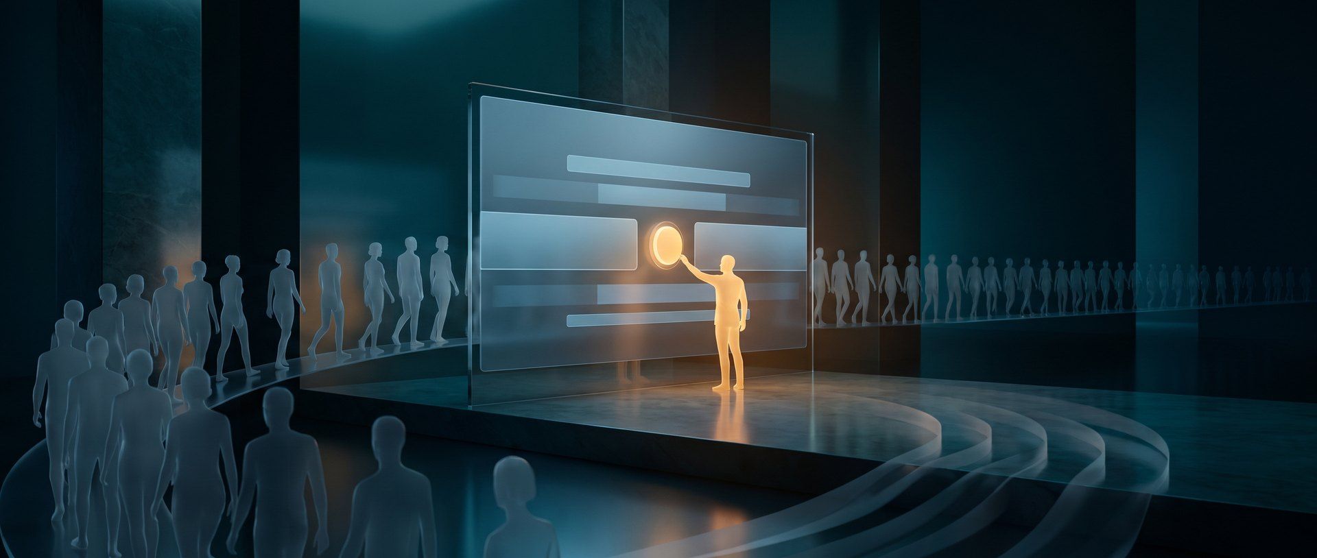 A glowing landing page shown as a large screen with visitors arriving and most peeling away without stopping - the page is fine, the wrong people just leave.