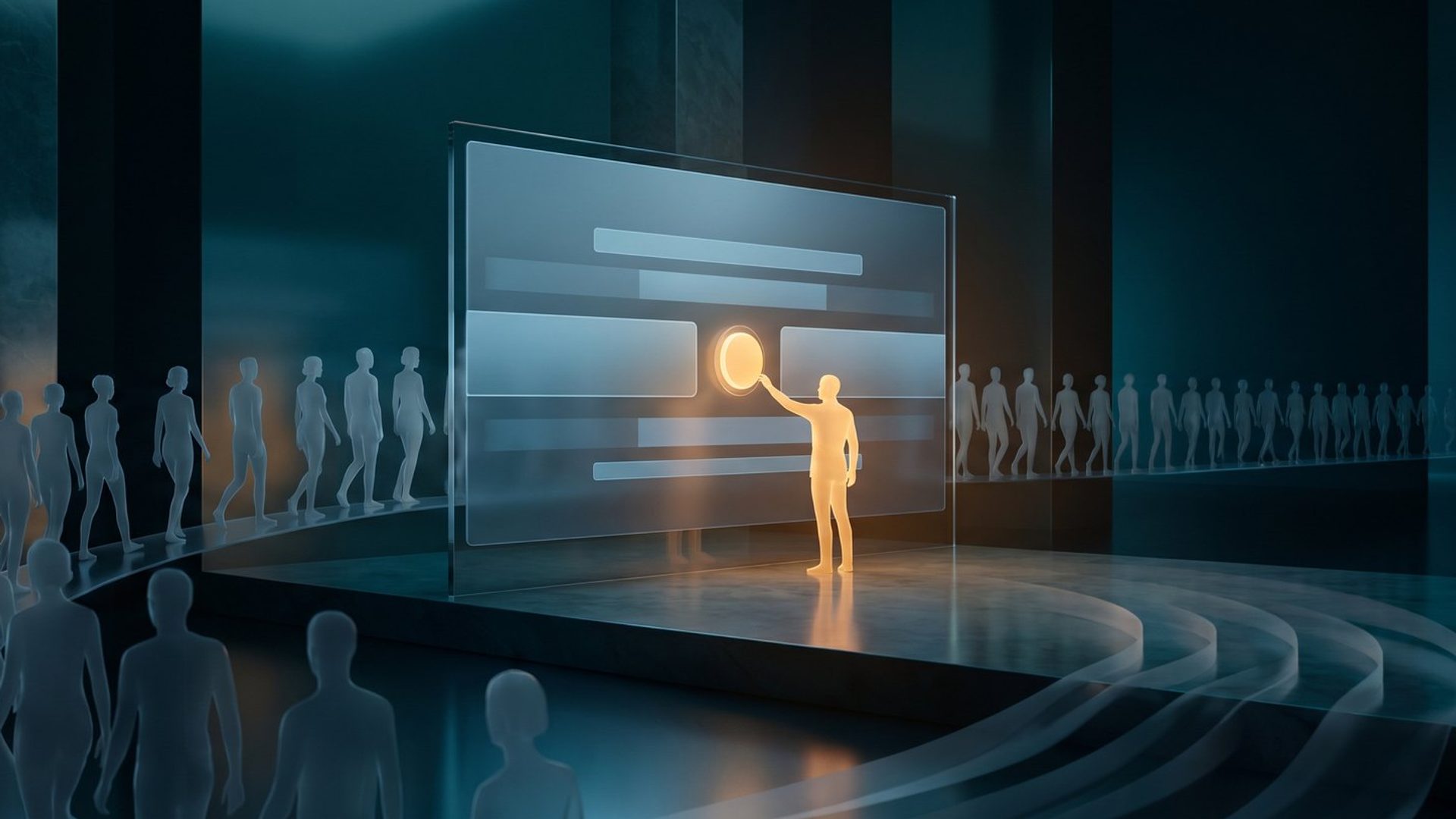 A glowing landing page shown as a large screen with visitors arriving and most peeling away without stopping - the page is fine, the wrong people just leave.
