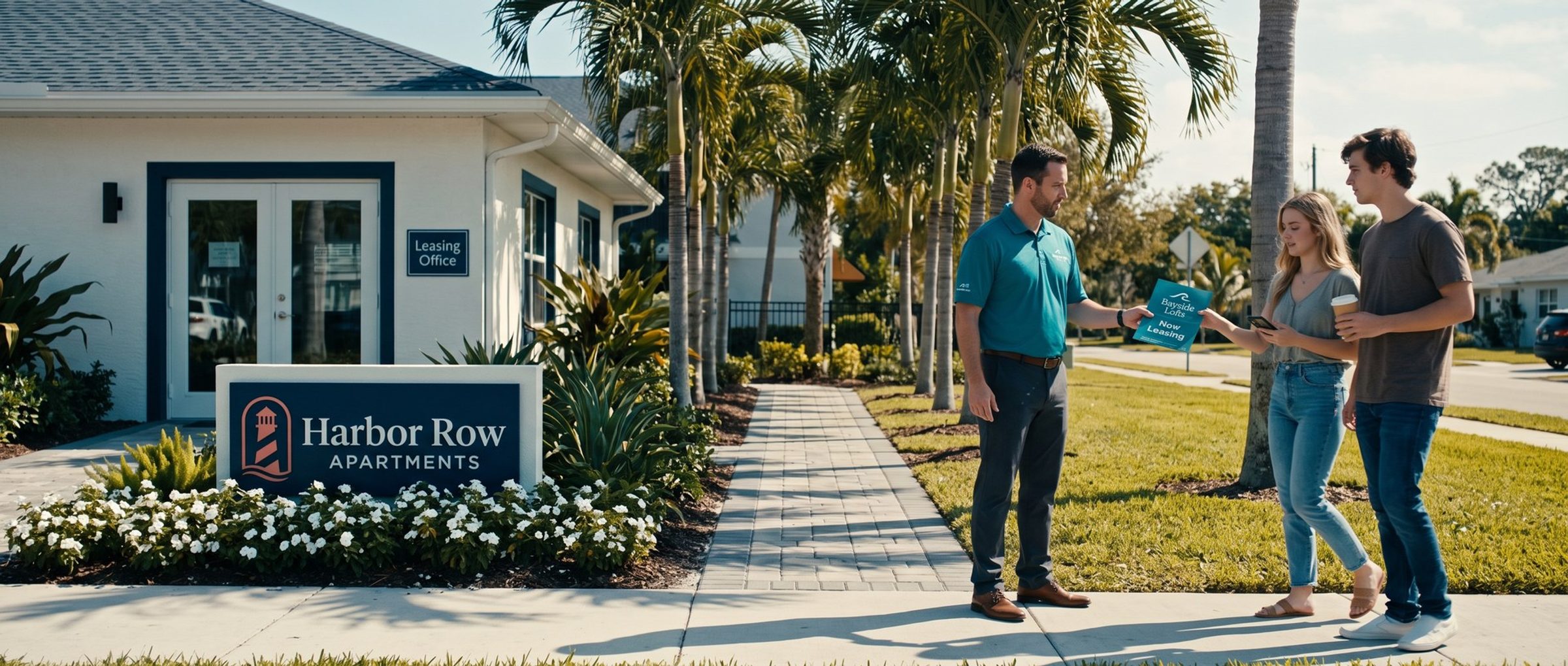 Outside the Harbor Row Apartments clubhouse and leasing office, a man in a teal Bayside Lofts polo hands a Now Leasing flyer to a young couple on the sidewalk as they walk toward the Harbor Row doors