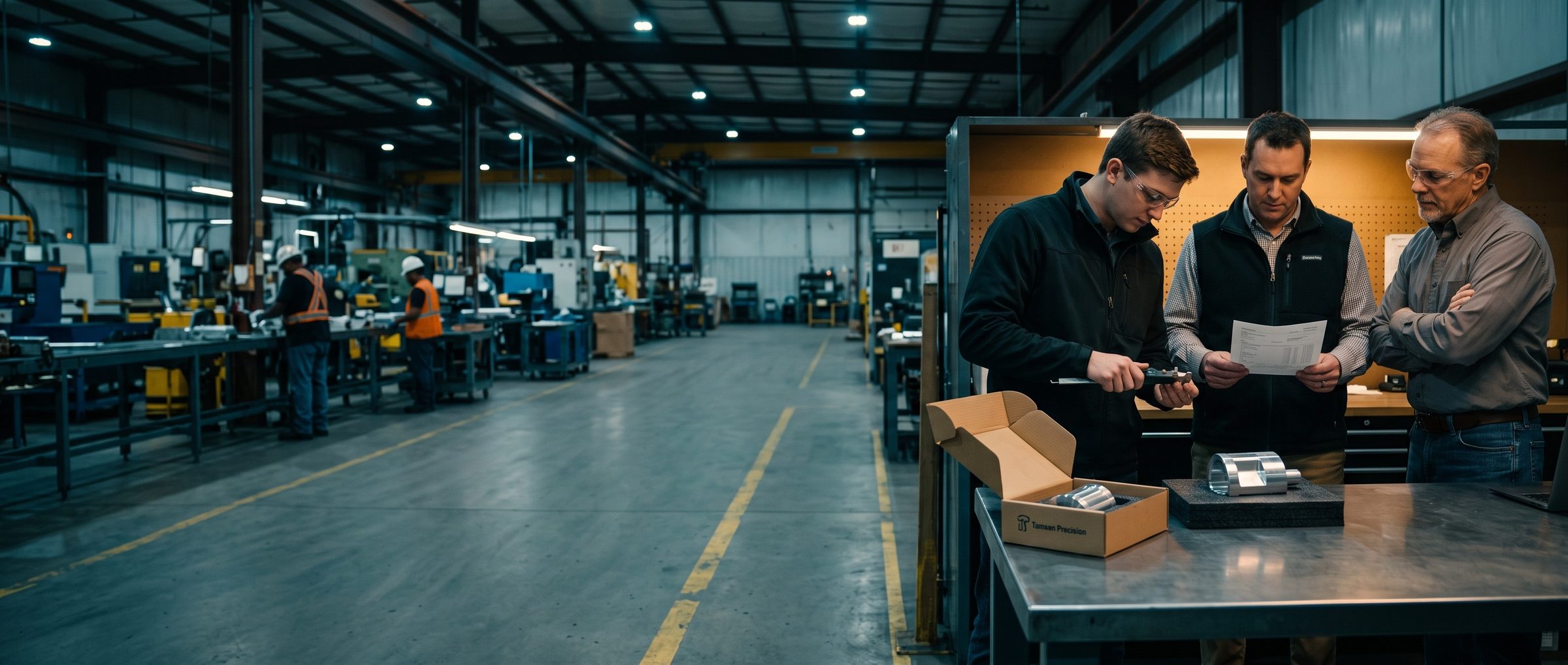 At a workbench on a plant floor, an engineer measures a Tamsen Precision sample part with calipers while a purchasing manager reads the quote and the owner watches
