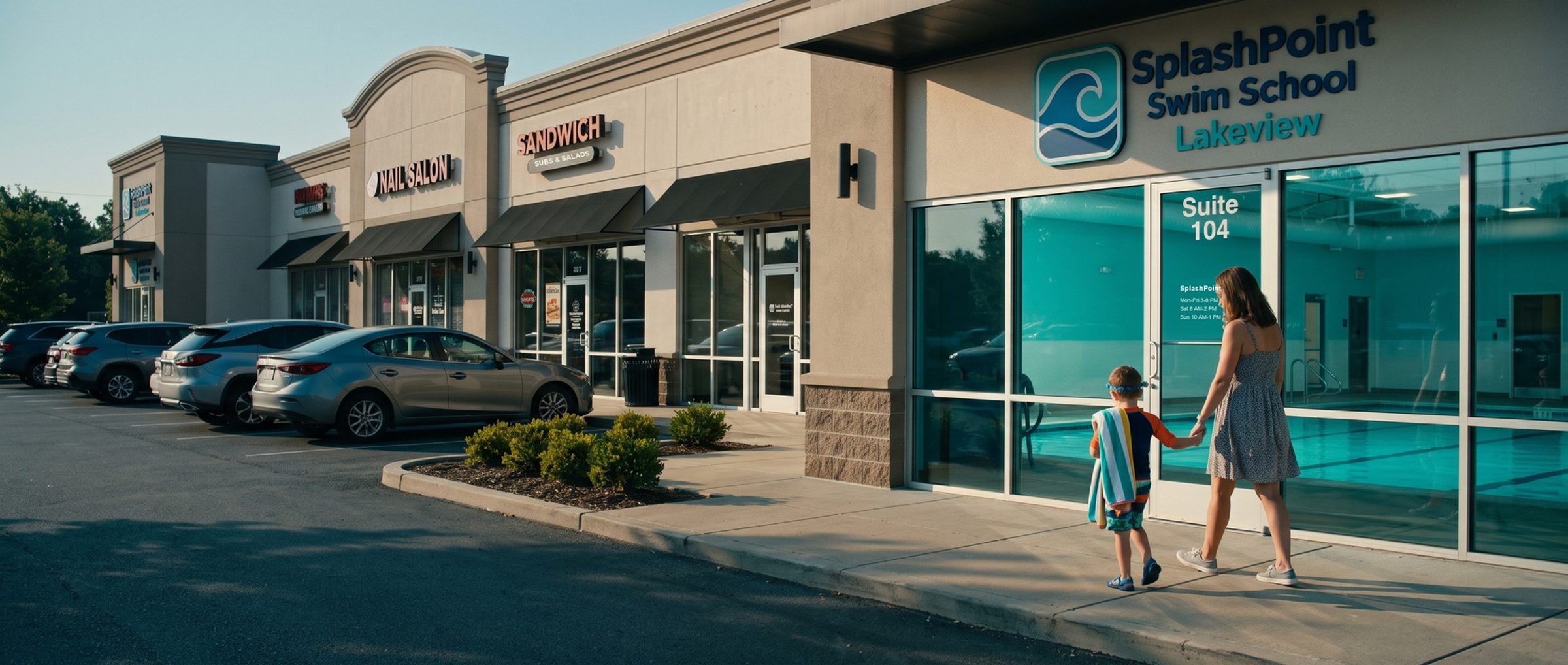 A mother walks her young son, a striped towel over his shoulder, from the parking lot toward the door of SplashPoint Swim School Lakeview, the pool glowing inside
