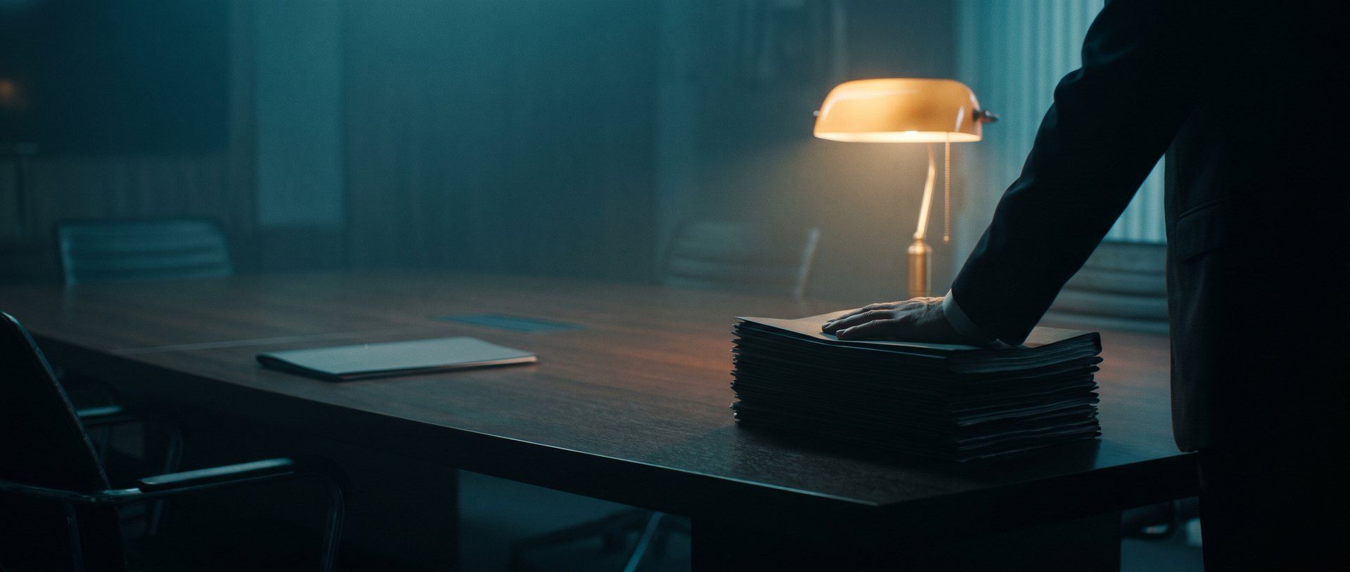 A hand resting flat on a thick stack of document folders at a dark boardroom table, with a single thin sheet of paper lying alone on the far side