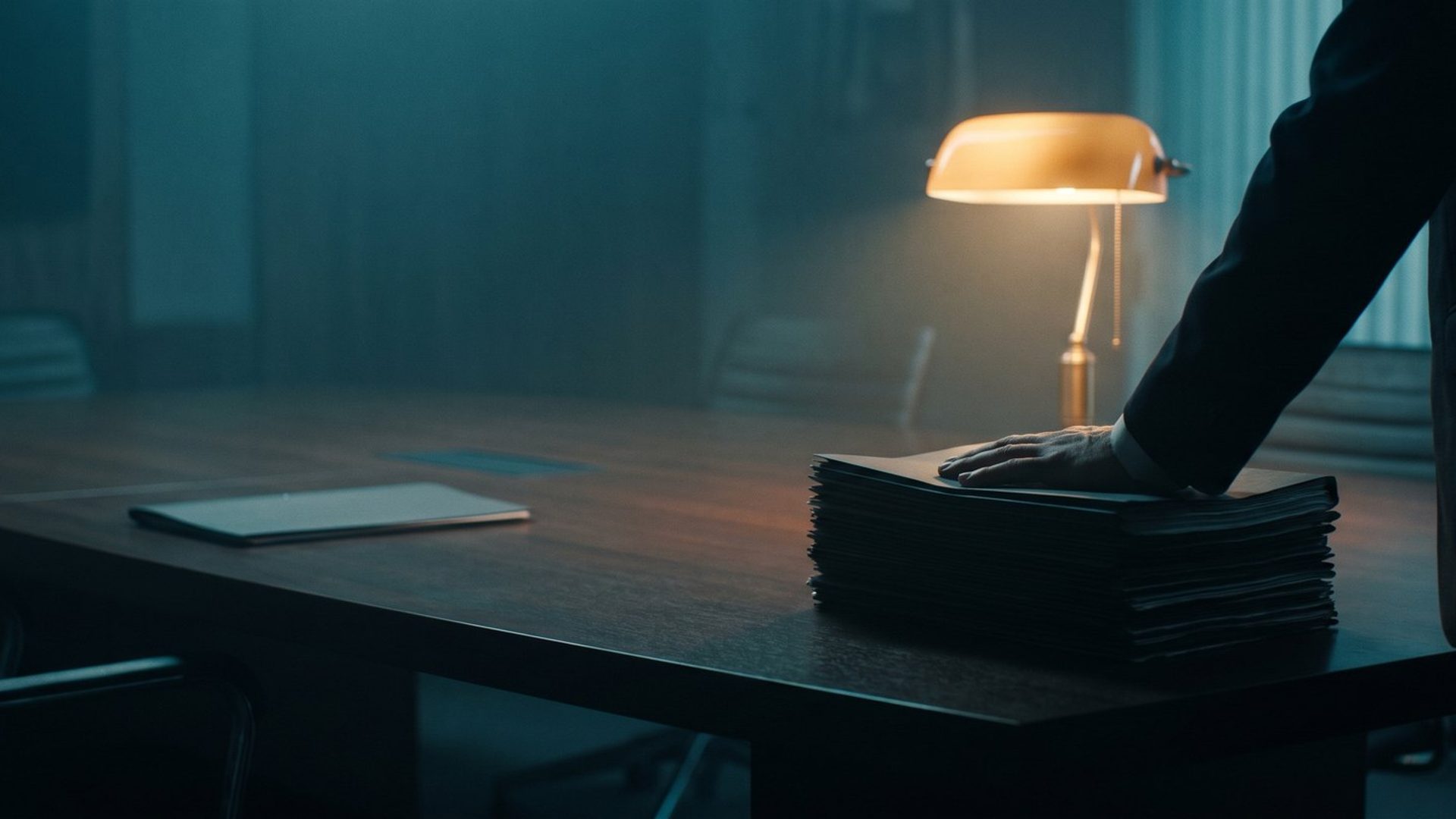 A hand resting flat on a thick stack of document folders at a dark boardroom table, with a single thin sheet of paper lying alone on the far side