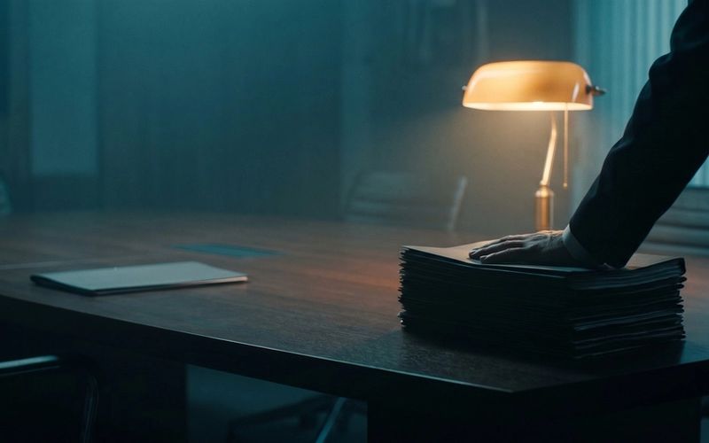 A hand resting flat on a thick stack of document folders at a dark boardroom table, with a single thin sheet of paper lying alone on the far side