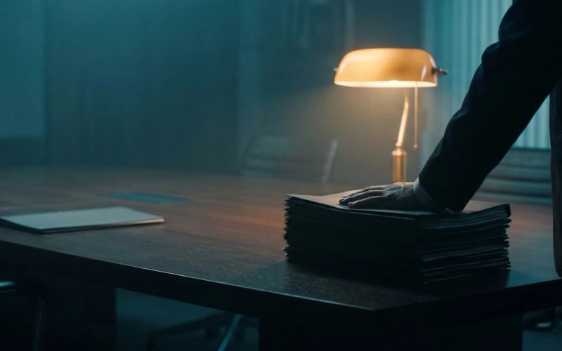 A hand resting flat on a thick stack of document folders at a dark boardroom table, with a single thin sheet of paper lying alone on the far side