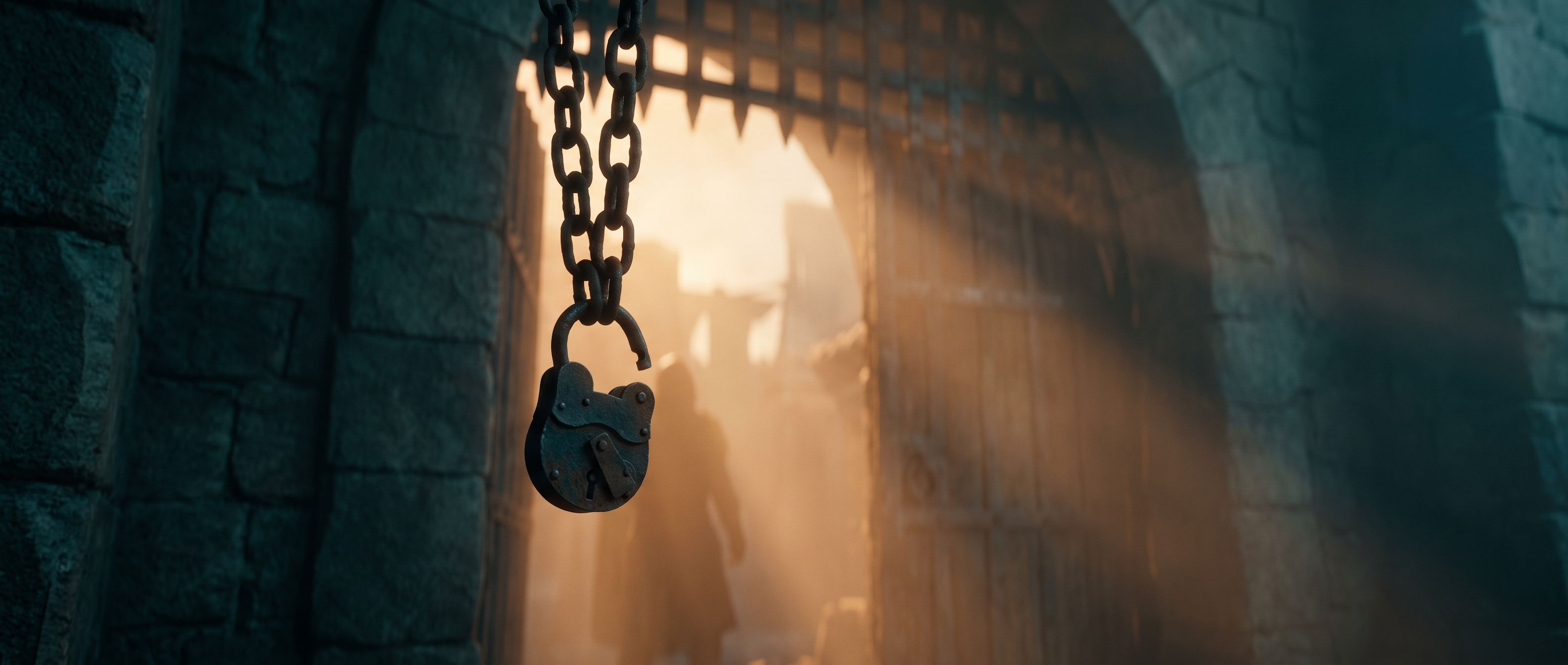 A heavy iron padlock and chain on a tall imposing gate, the padlock hanging open and unlatched, warm amber light glowing through the gate from behind while the wall and chain sit in deep teal shadow - the lock you thought kept you out is open.