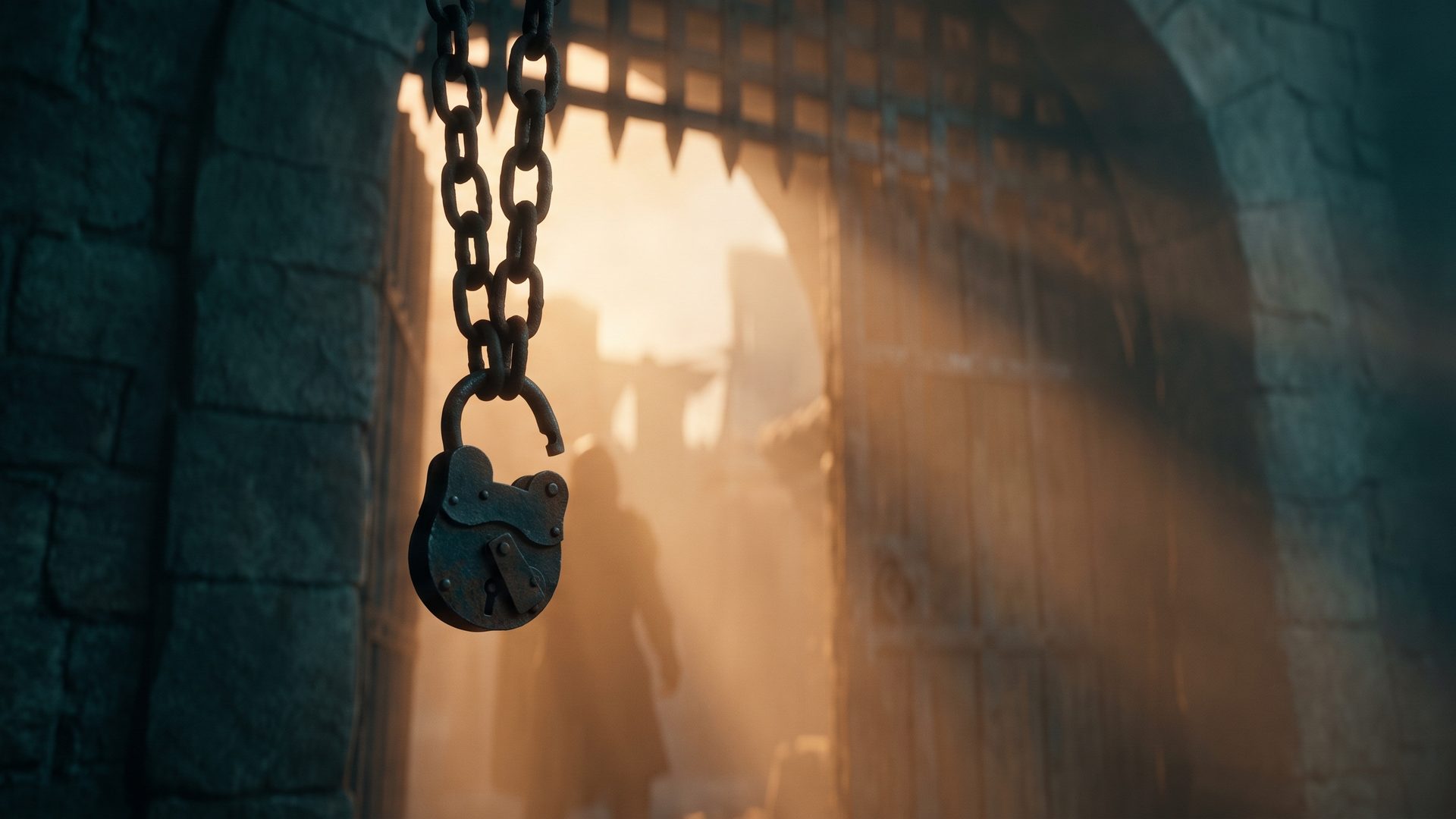 A heavy iron padlock and chain on a tall imposing gate, the padlock hanging open and unlatched, warm amber light glowing through the gate from behind while the wall and chain sit in deep teal shadow - the lock you thought kept you out is open.