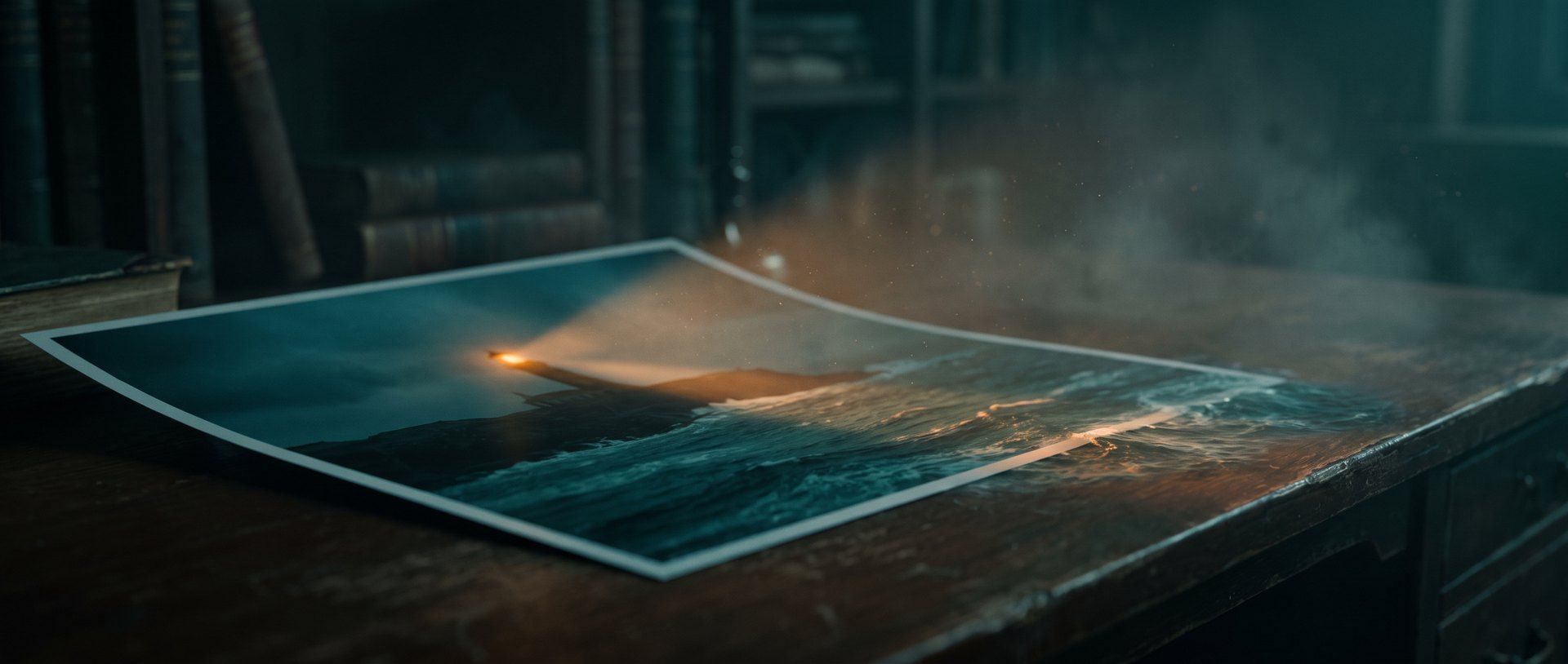 A photographic print of a lighthouse and sea lying on a dark desk, its image continuing past the edge of the paper onto the wood
