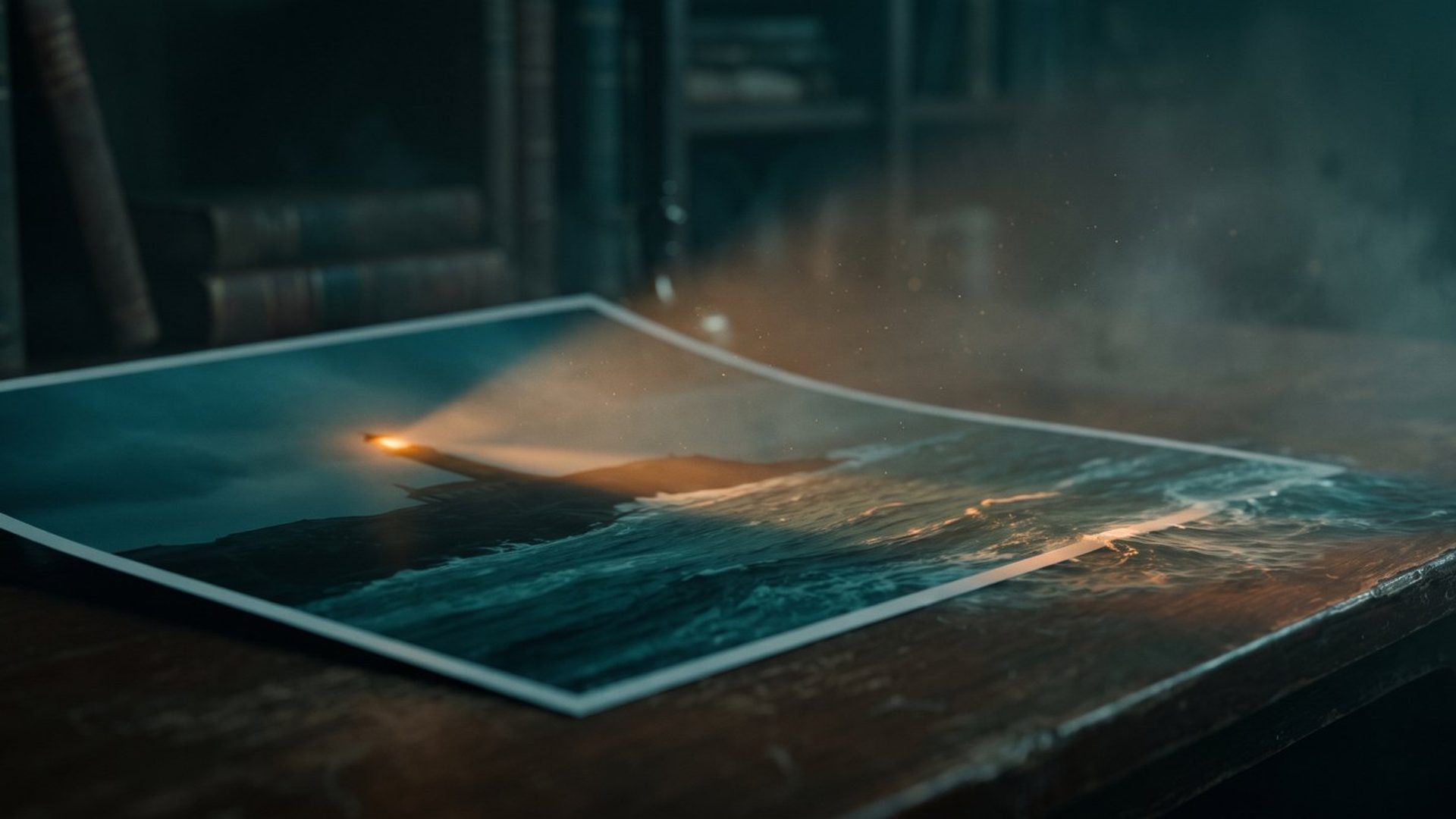 A photographic print of a lighthouse and sea lying on a dark desk, its image continuing past the edge of the paper onto the wood