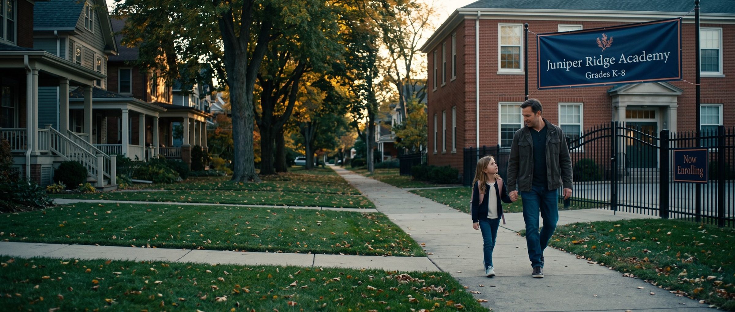 A father and his young daughter walk hand in hand down a tree-lined residential sidewalk, with a red-brick school behind them under a navy Juniper Ridge Academy Grades K-8 banner and a Now Enrolling sign on the gate