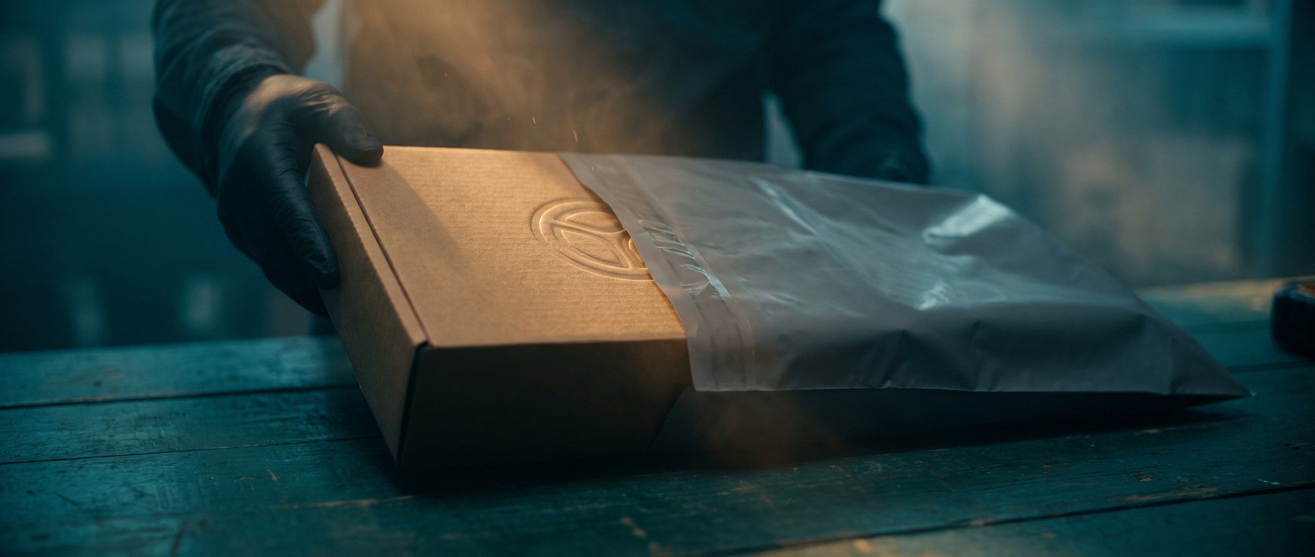 A warm kraft box with an embossed maker's emblem being slid into a plain unmarked shipping mailer, the emblem disappearing under the gray wrapper