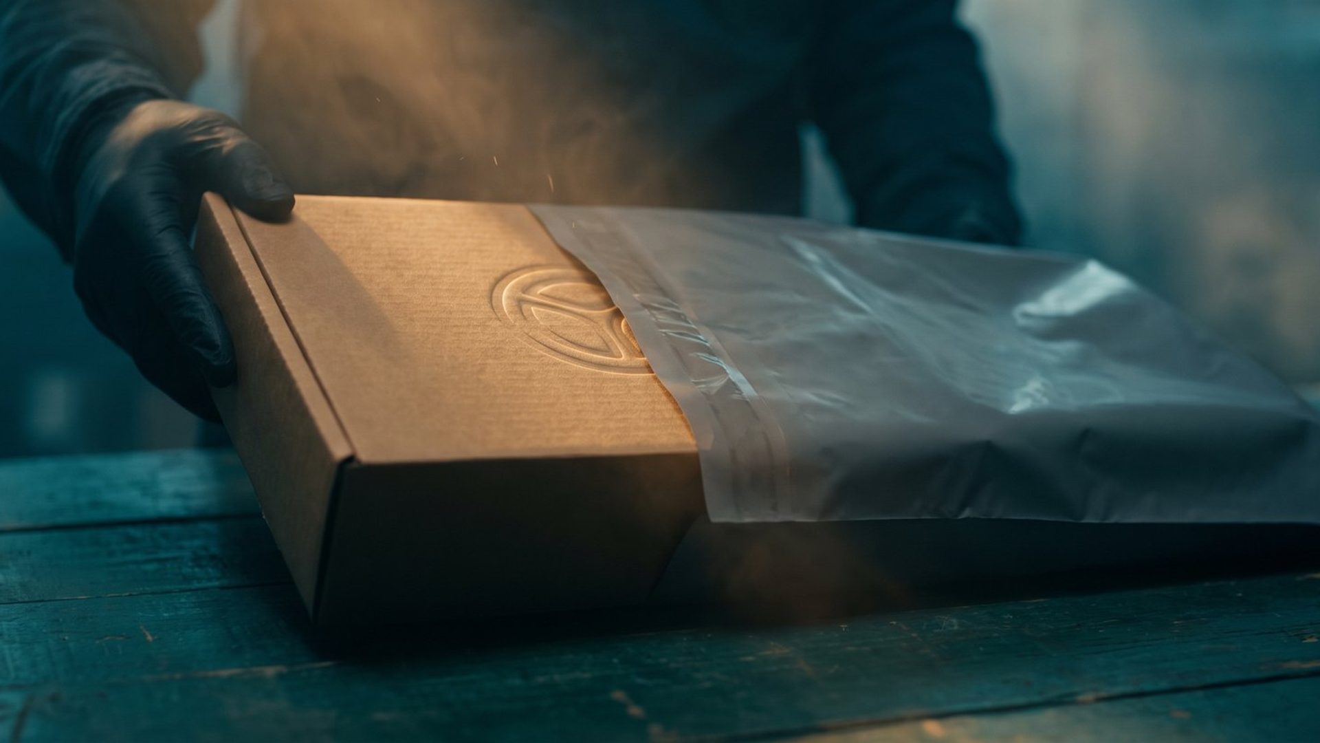 A warm kraft box with an embossed maker's emblem being slid into a plain unmarked shipping mailer, the emblem disappearing under the gray wrapper