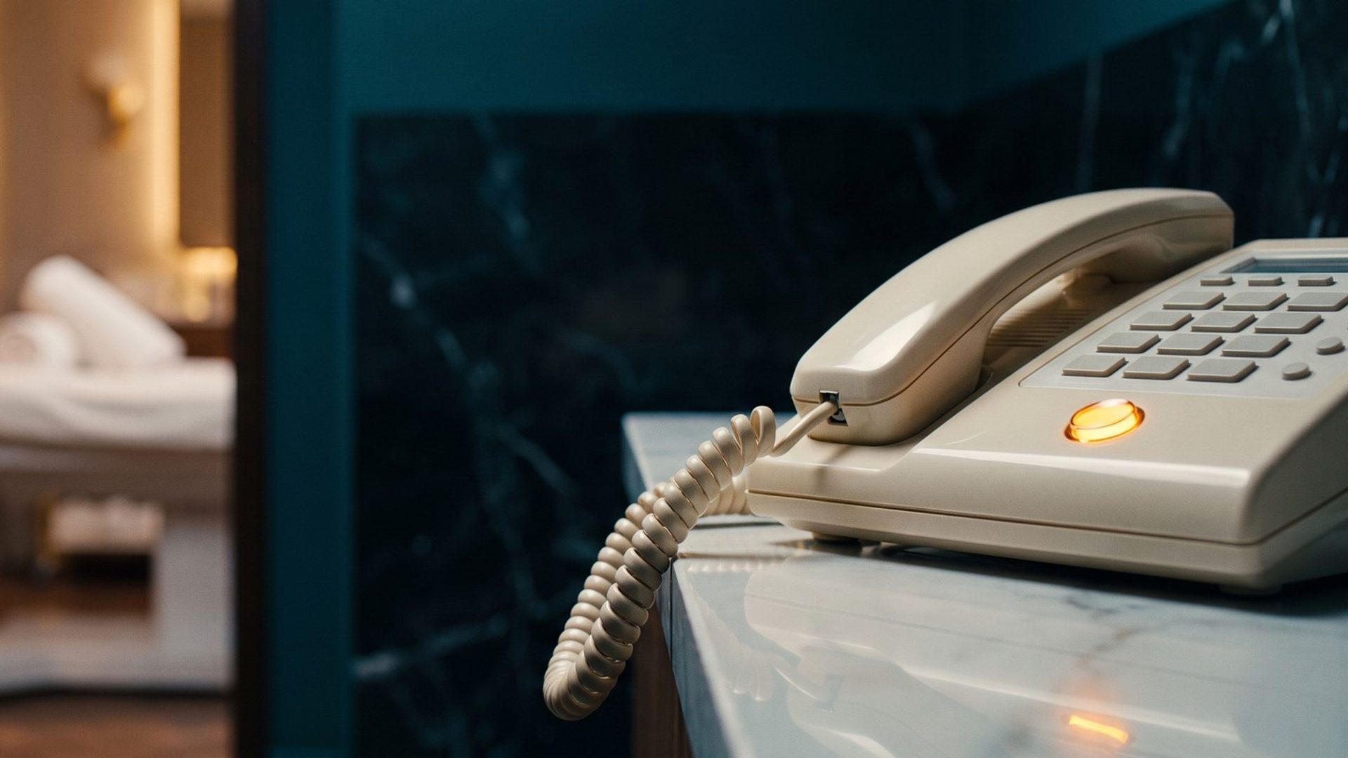 A cream desk phone on a marble counter with its line button glowing amber and the handset untouched, a med spa treatment room softly lit through the doorway behind
