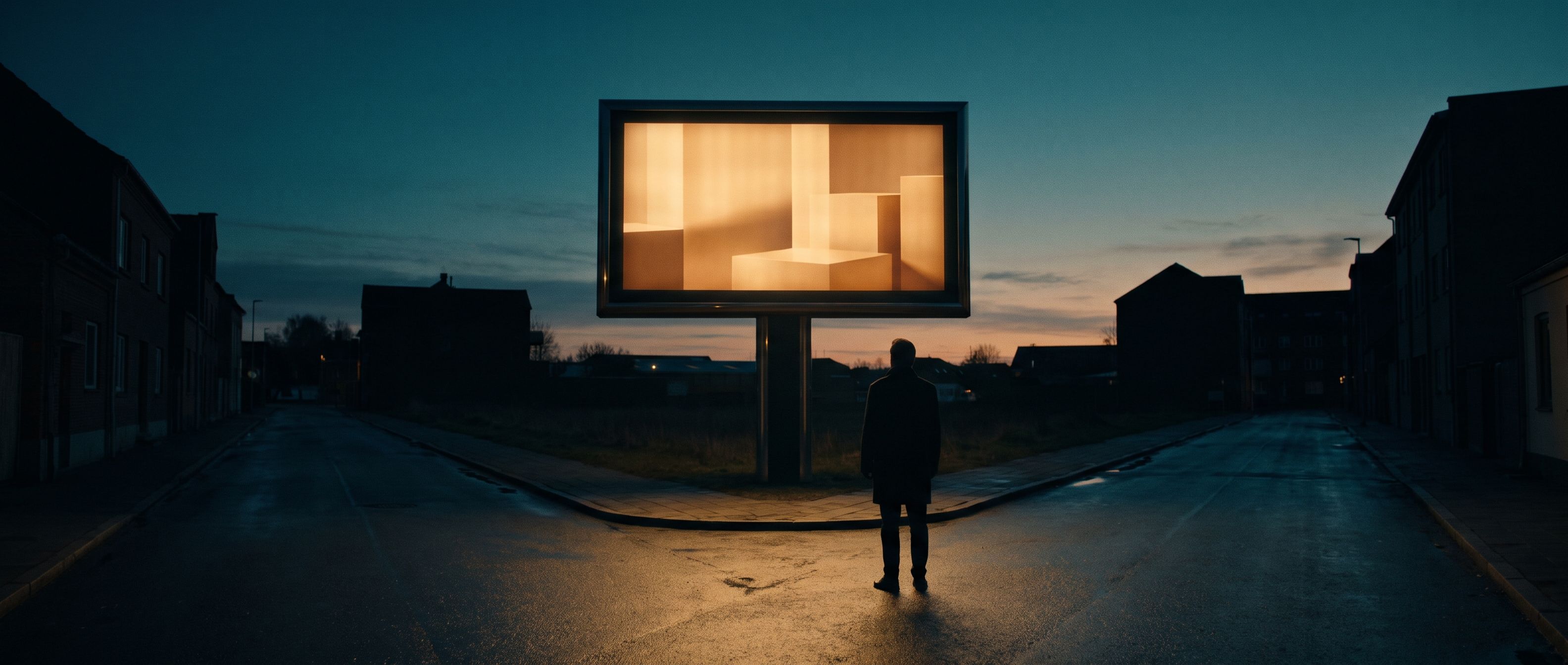 A single warm-amber-lit billboard glowing at the end of a dark quiet street at dusk, a lone figure below looking up at it, the one message the customer actually sees.