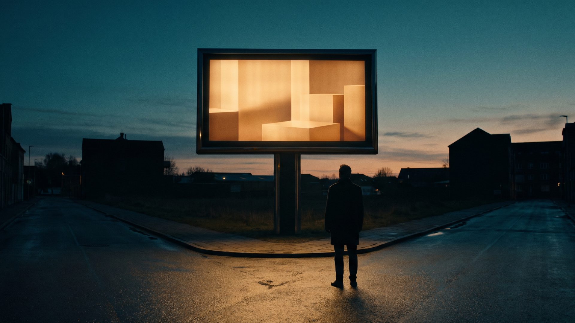 A single warm-amber-lit billboard glowing at the end of a dark quiet street at dusk, a lone figure below looking up at it, the one message the customer actually sees.
