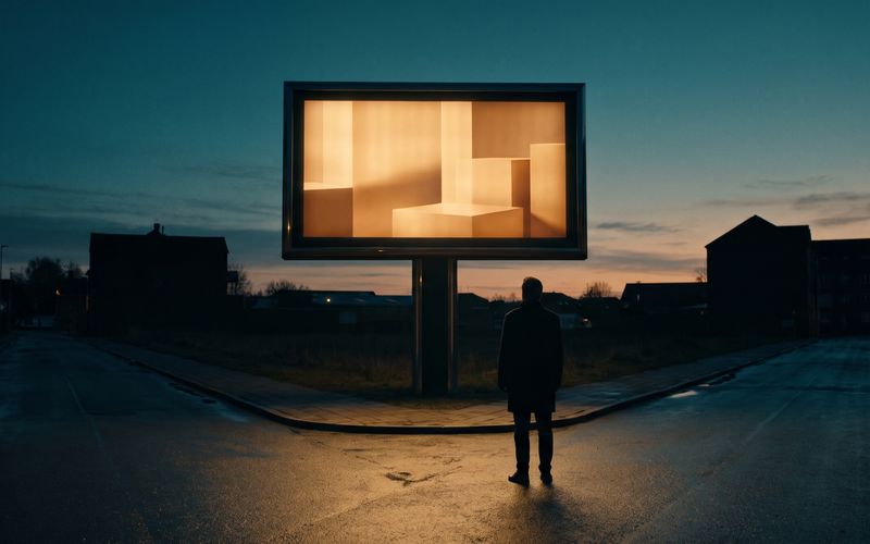 A single warm-amber-lit billboard glowing at the end of a dark quiet street at dusk, a lone figure below looking up at it, the one message the customer actually sees.