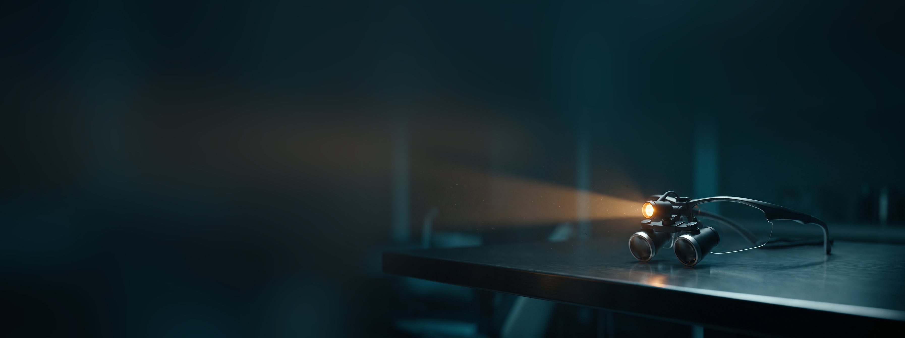 Dental magnifying loupes with a small headlight on a steel counter in a dark dental office, the headlight beam reaching out into the dark