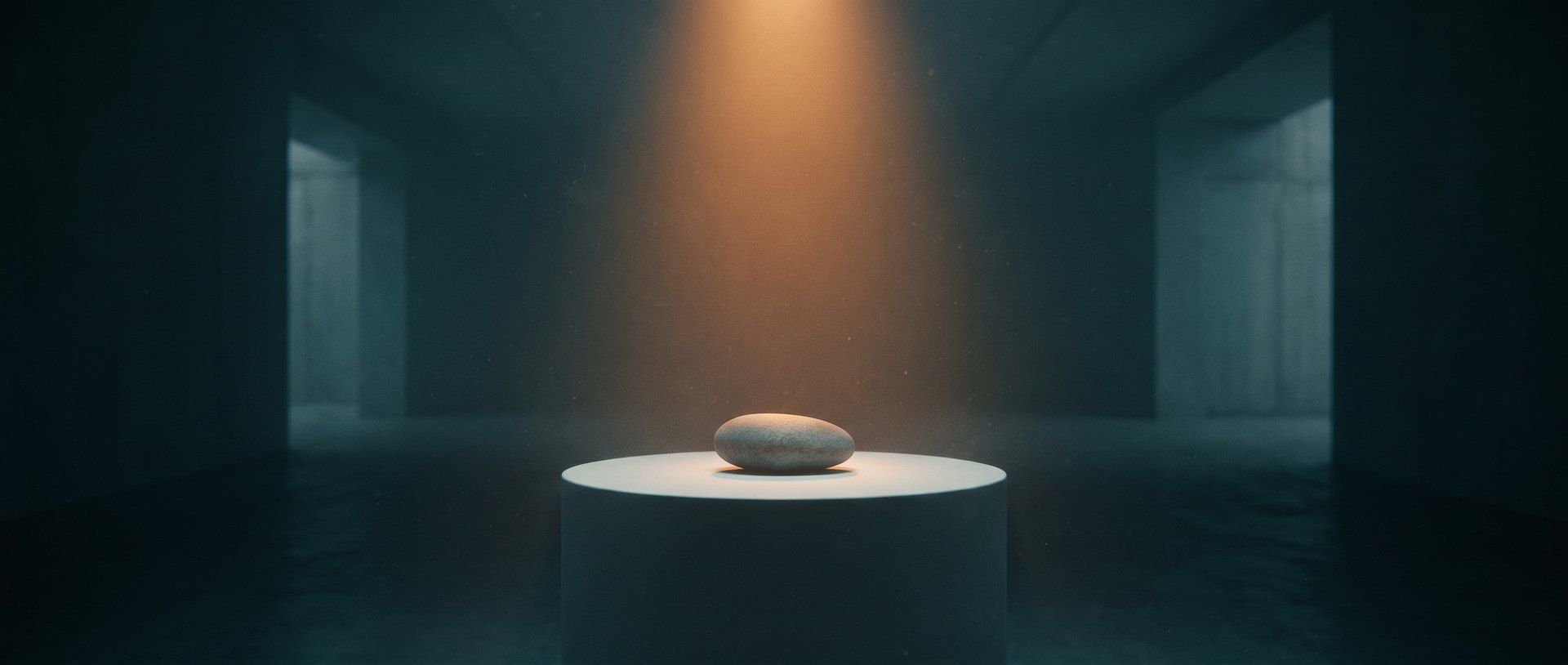 An ordinary stone spotlit on a museum pedestal in a dark gallery -- looking premium is about restraint, not budget.