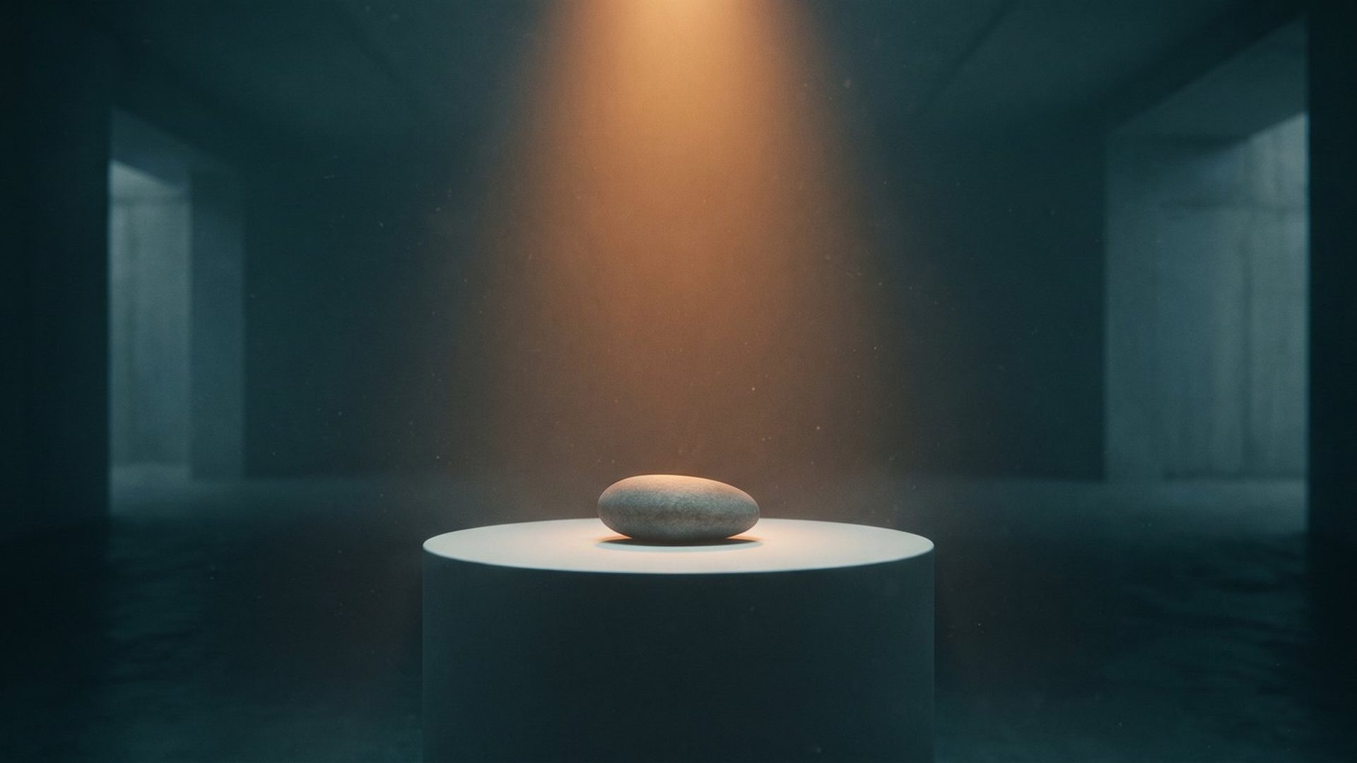 An ordinary stone spotlit on a museum pedestal in a dark gallery -- looking premium is about restraint, not budget.