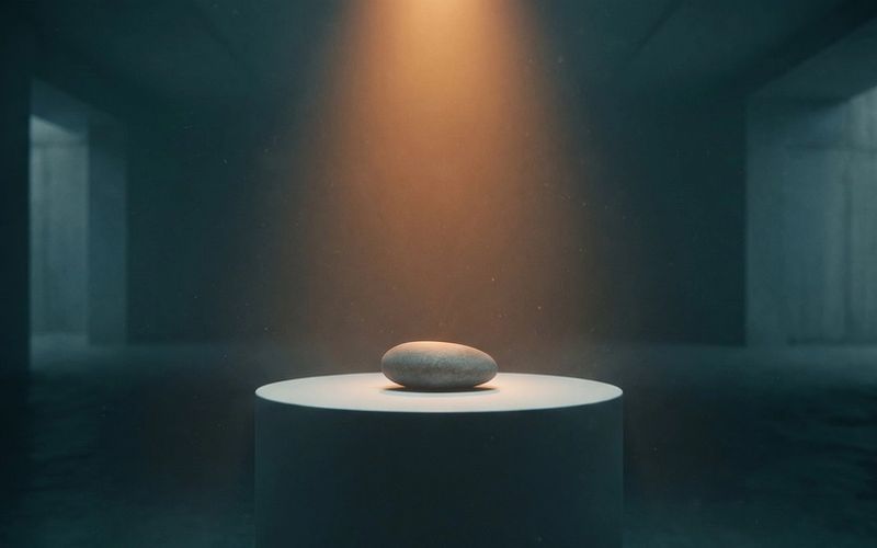 An ordinary stone spotlit on a museum pedestal in a dark gallery -- looking premium is about restraint, not budget.