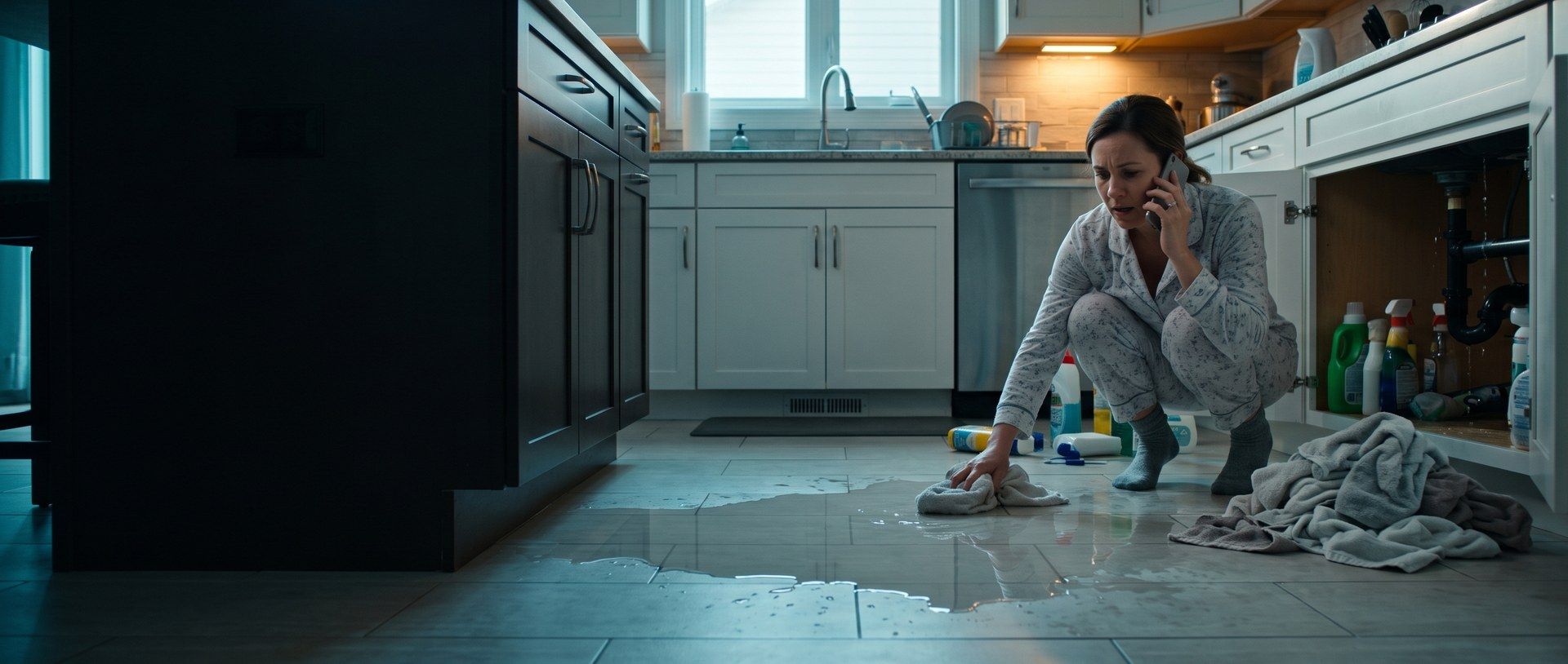 A woman in pajamas crouches on a wet kitchen floor early in the morning, pressing a towel into water spreading from an open sink cabinet while she talks on her phone