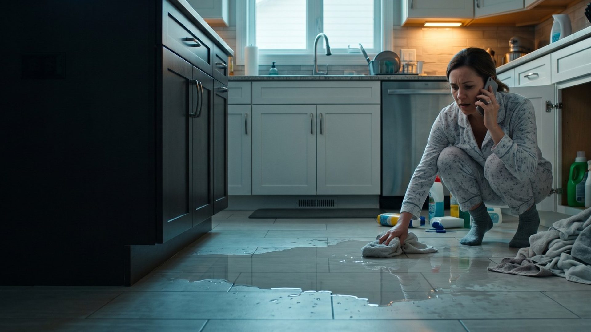 A woman in pajamas crouches on a wet kitchen floor early in the morning, pressing a towel into water spreading from an open sink cabinet while she talks on her phone