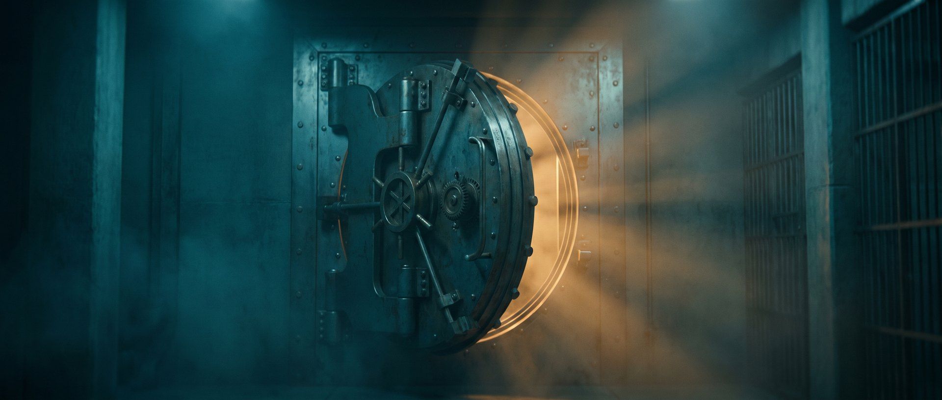 A heavy steel vault door swung partway open in a dark teal room, warm amber light spilling out from within - the value your page promises, revealed rather than merely described.