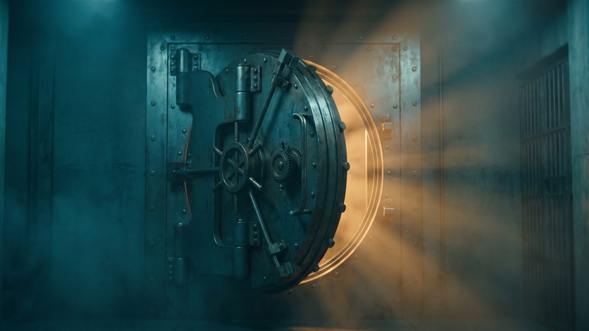 A heavy steel vault door swung partway open in a dark teal room, warm amber light spilling out from within - the value your page promises, revealed rather than merely described.