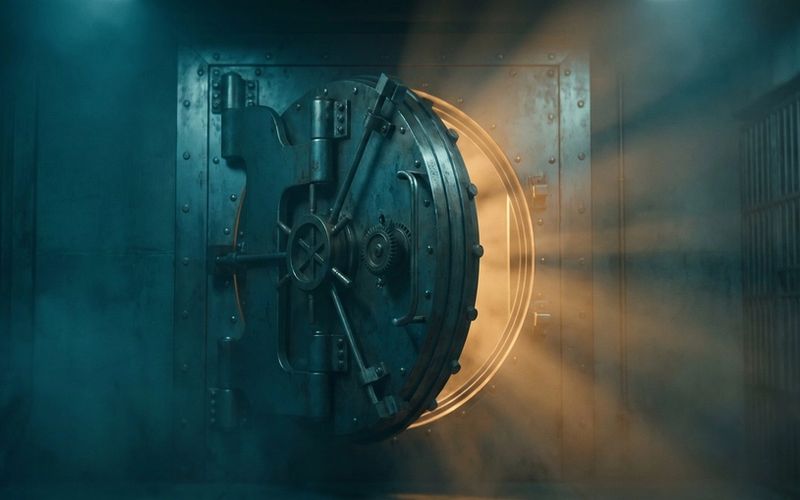 A heavy steel vault door swung partway open in a dark teal room, warm amber light spilling out from within - the value your page promises, revealed rather than merely described.