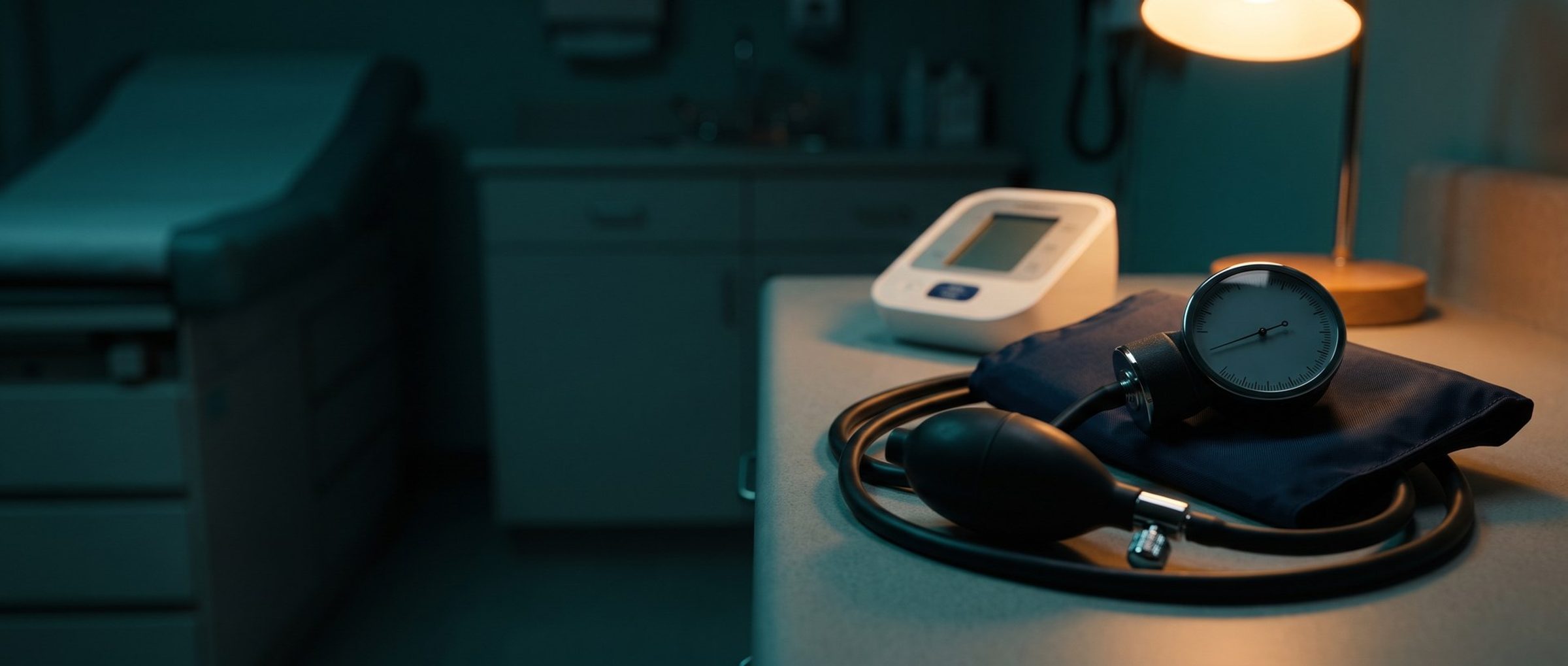 A manual blood pressure cuff with its rubber bulb and round dial lit by a warm lamp on an exam room counter at night, a white digital blood pressure monitor waiting behind it